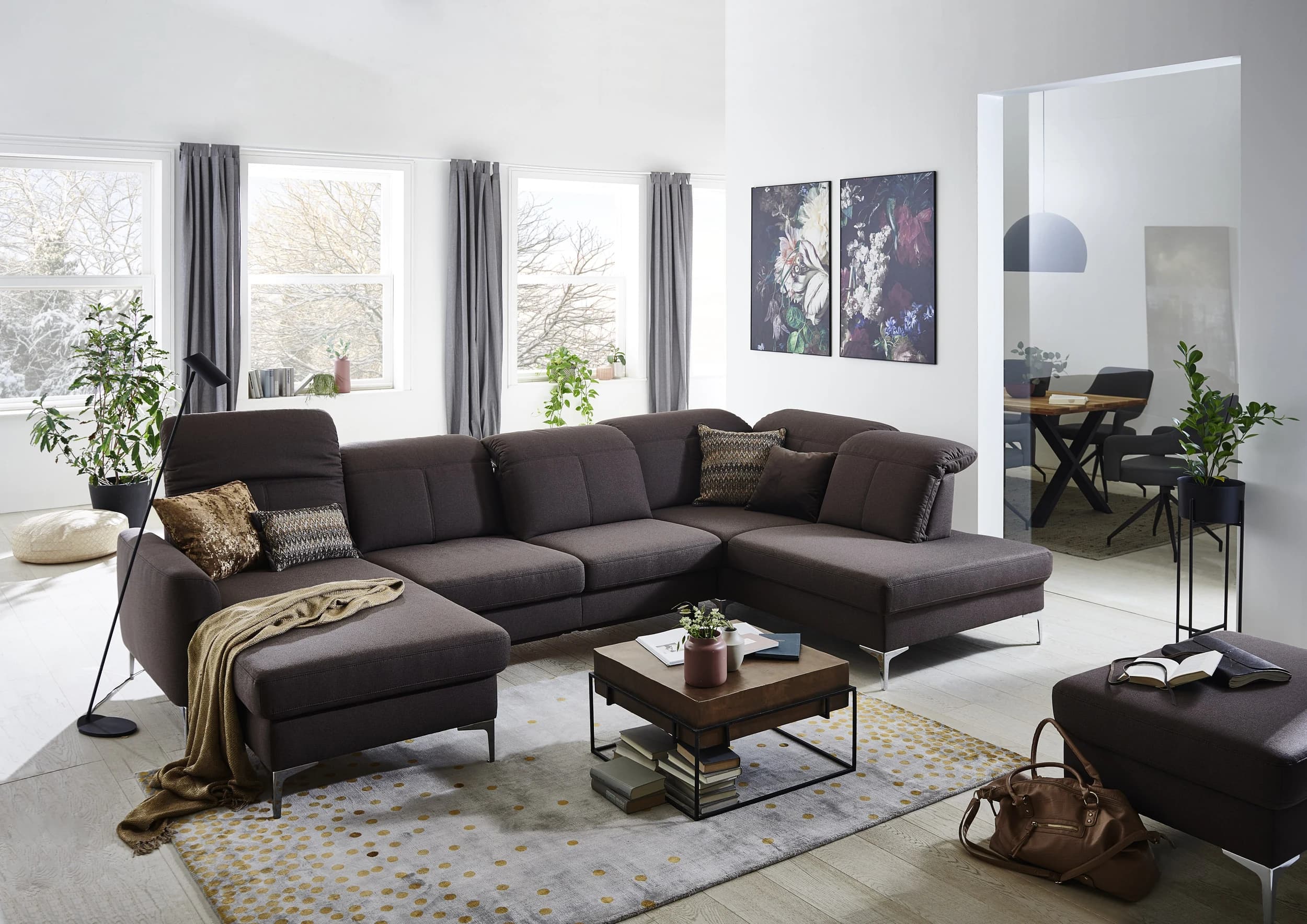 Polstergarnitur EM Brüssel - Longchair mit 2,5-Sitzer und Eckelement, Kopfteil verstellbar, Stoff, Braun