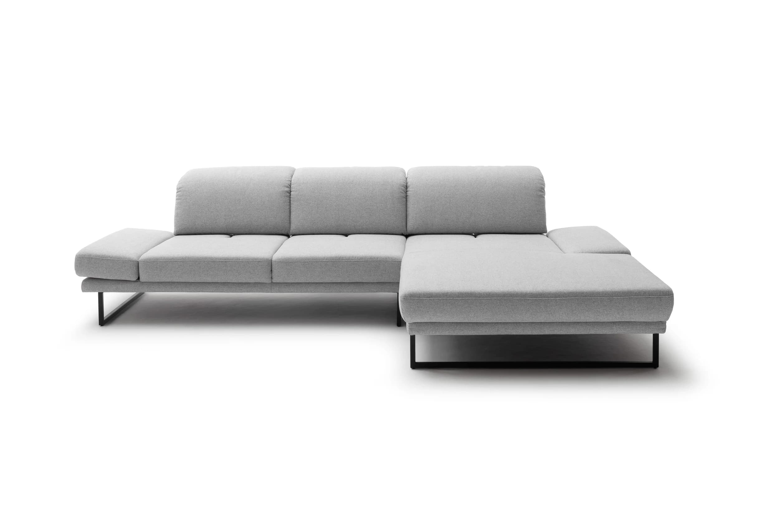 Ecksofa - 2-Sitzer mit Longchair rechts, Kopfteil/Sitztiefe verstellbar, Stoff, Hellgrau