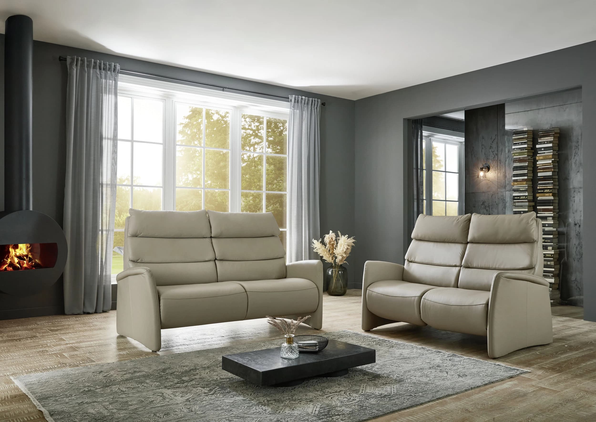Sofa - 2,5-Sitzer, Kopfteil verstellbar, Leder, Perlmutt,