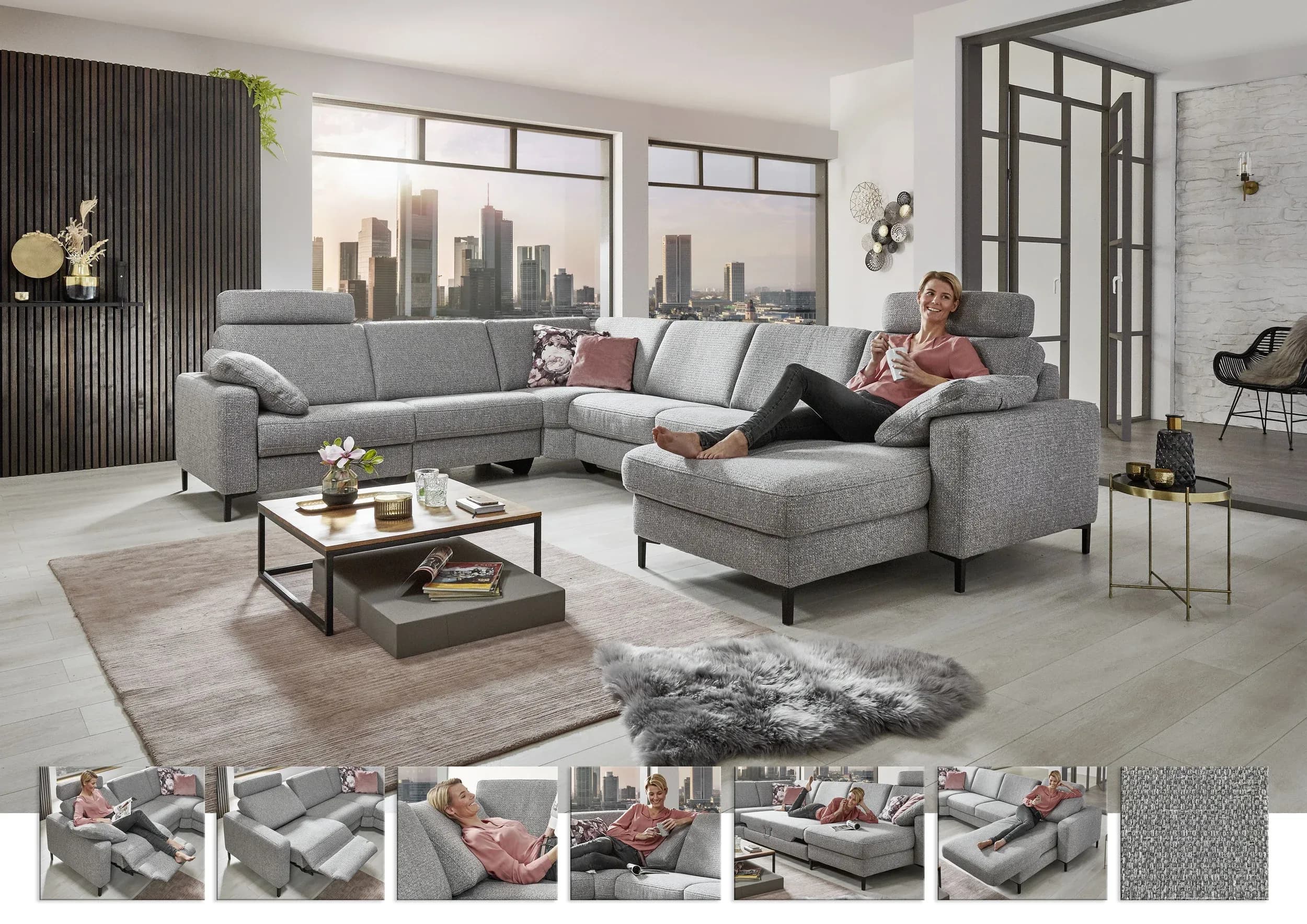 Wohnlandschaft - Ecke links mit 2,5-Sitzer und Longchair rechts, Stoff, Silbergrau