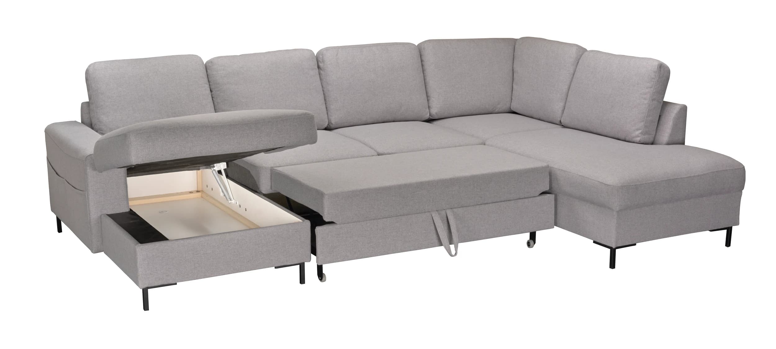 Wohnlandschaft - Longchair links mit 2-Sitzer und Ecke rechts, Schlaffunktion mit Bettkasten, Stoff, Hellgrau