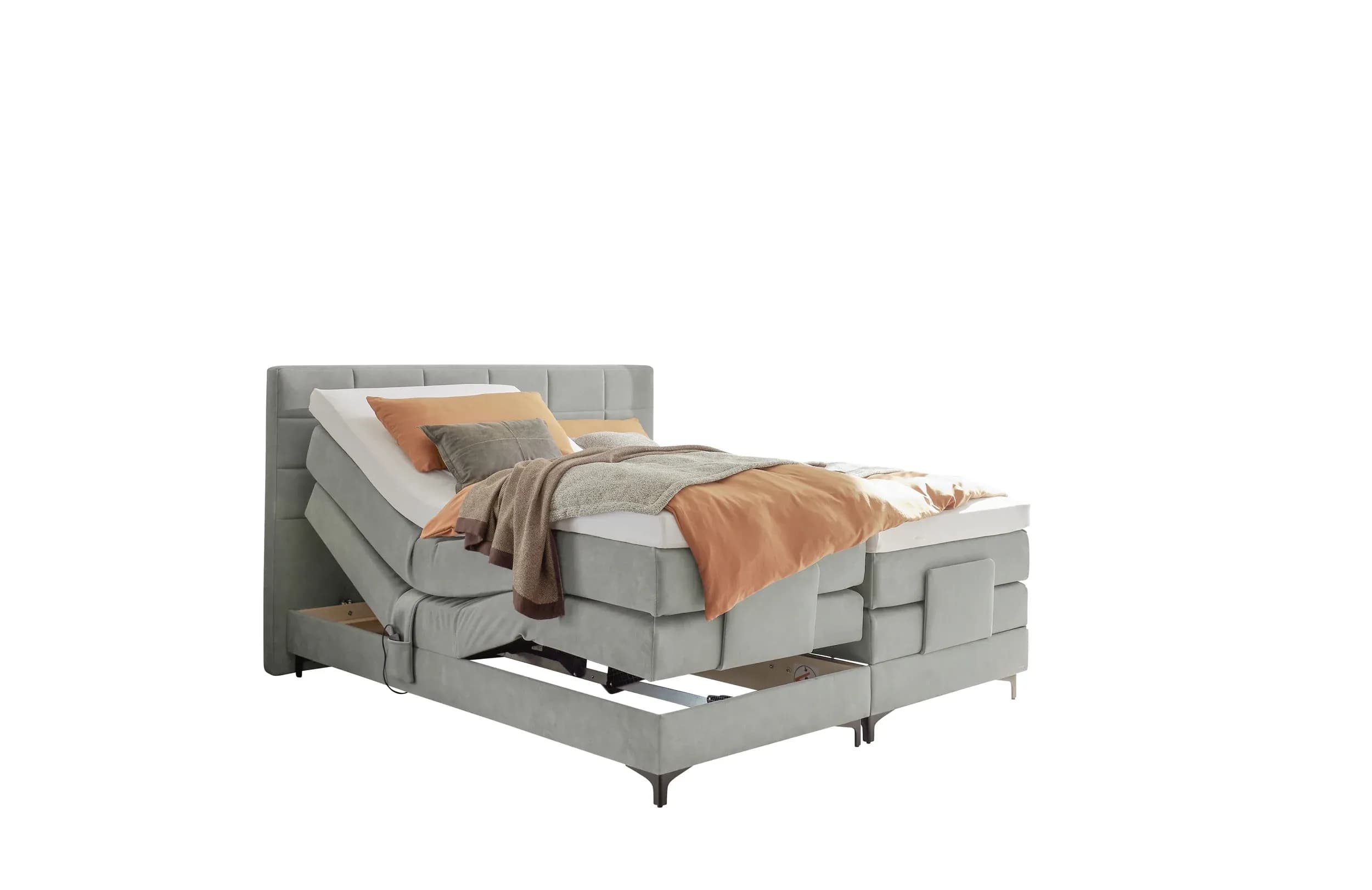 Boxspringbett EM Mirano - mit Motor, Matratze, Topper, Liegefläche ca. 180x200 cm, Stoff, Grau