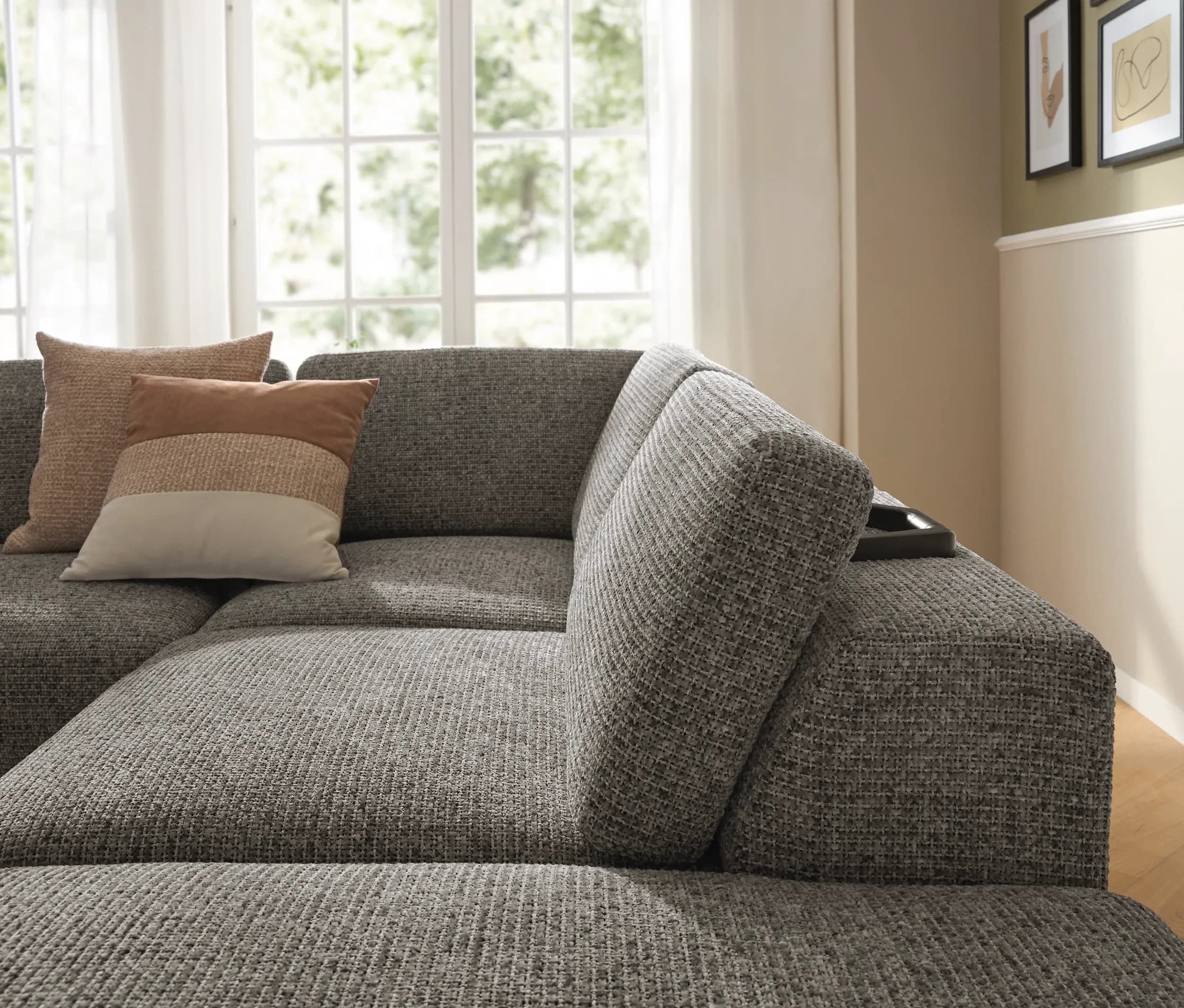 Ecksofa Benissa - Ecke und Abschlussteil mit 2,5-Sitzer rechts inkl. Rückenlehne verstellbar, Stoff, Dunkelgrau