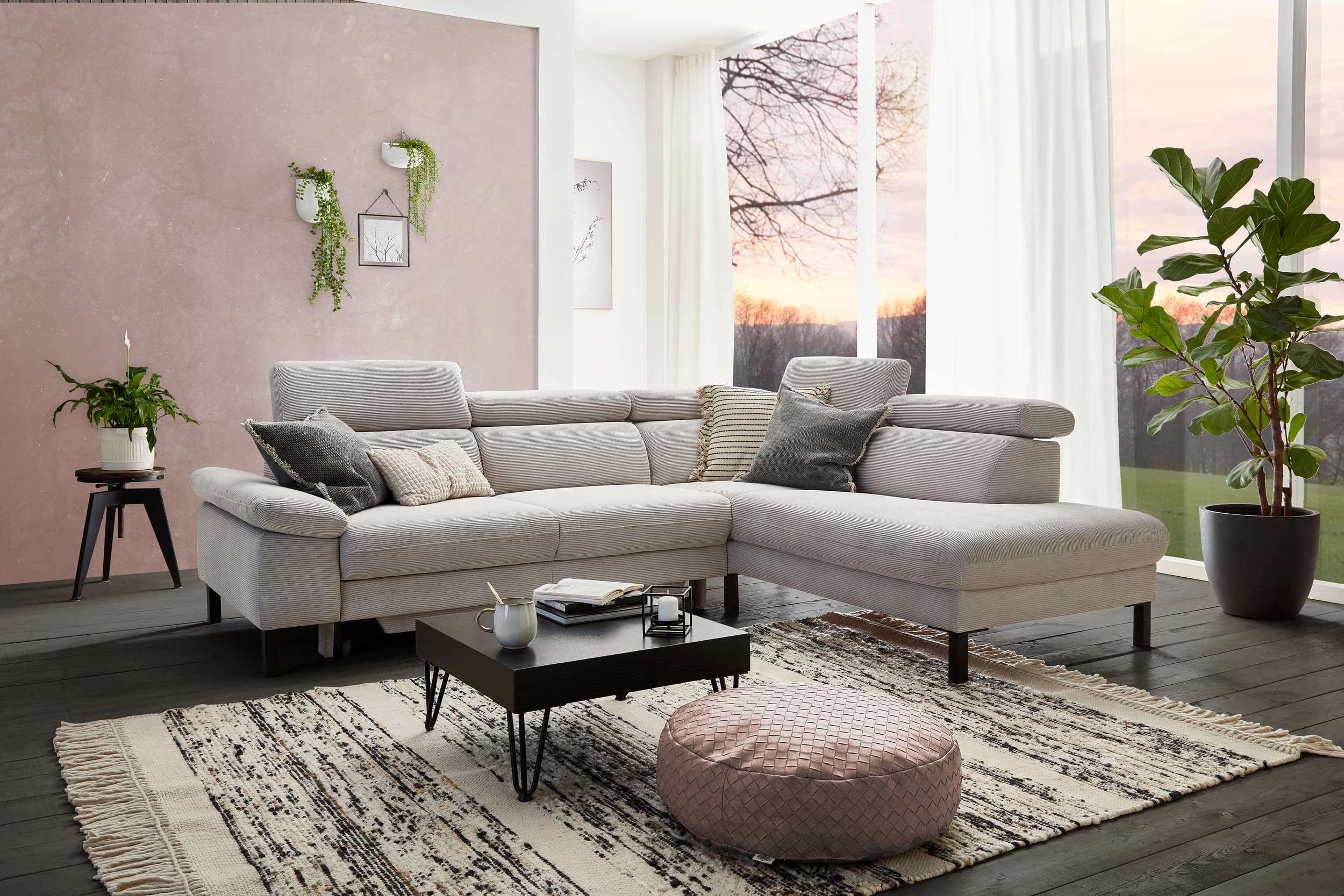 Ecksofa EM Labin - 2,5-Sitzer mit Ecke rechts, Kopfteile verstellbar, Stoff, grau