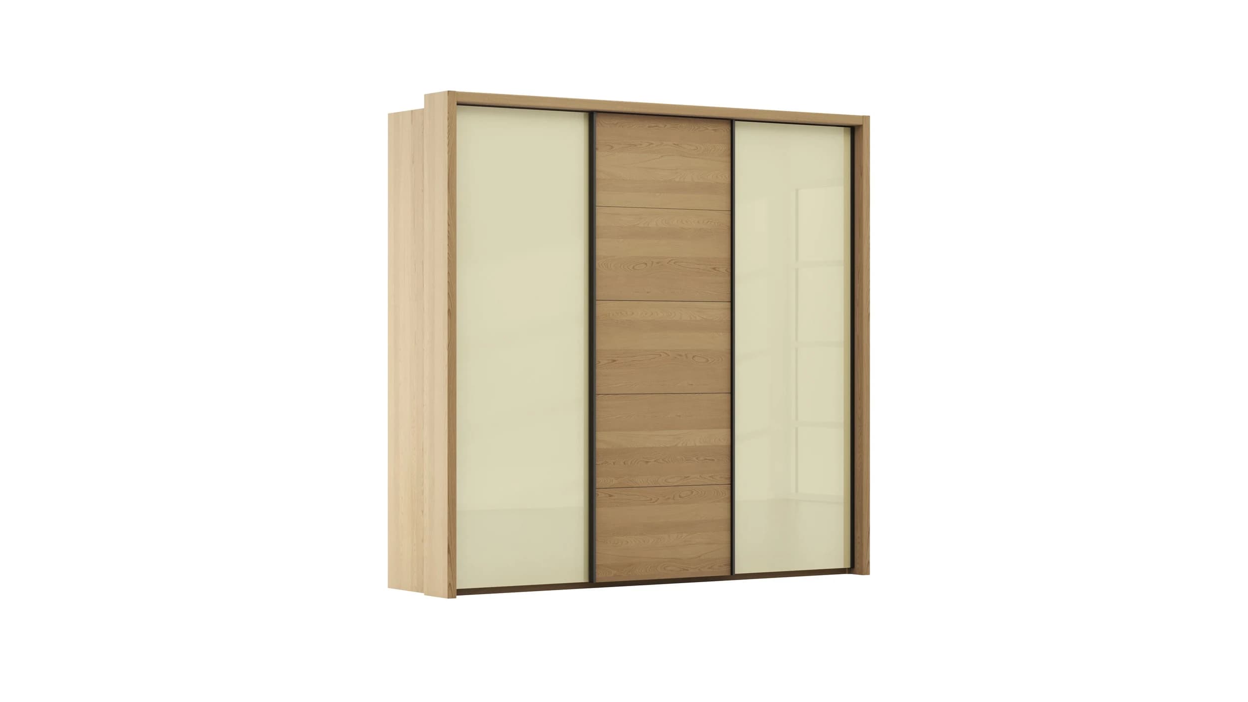 Schwebetürenschrank Lenoso - B. ca. 260 cm, Eiche massiv, Glas, Champagner