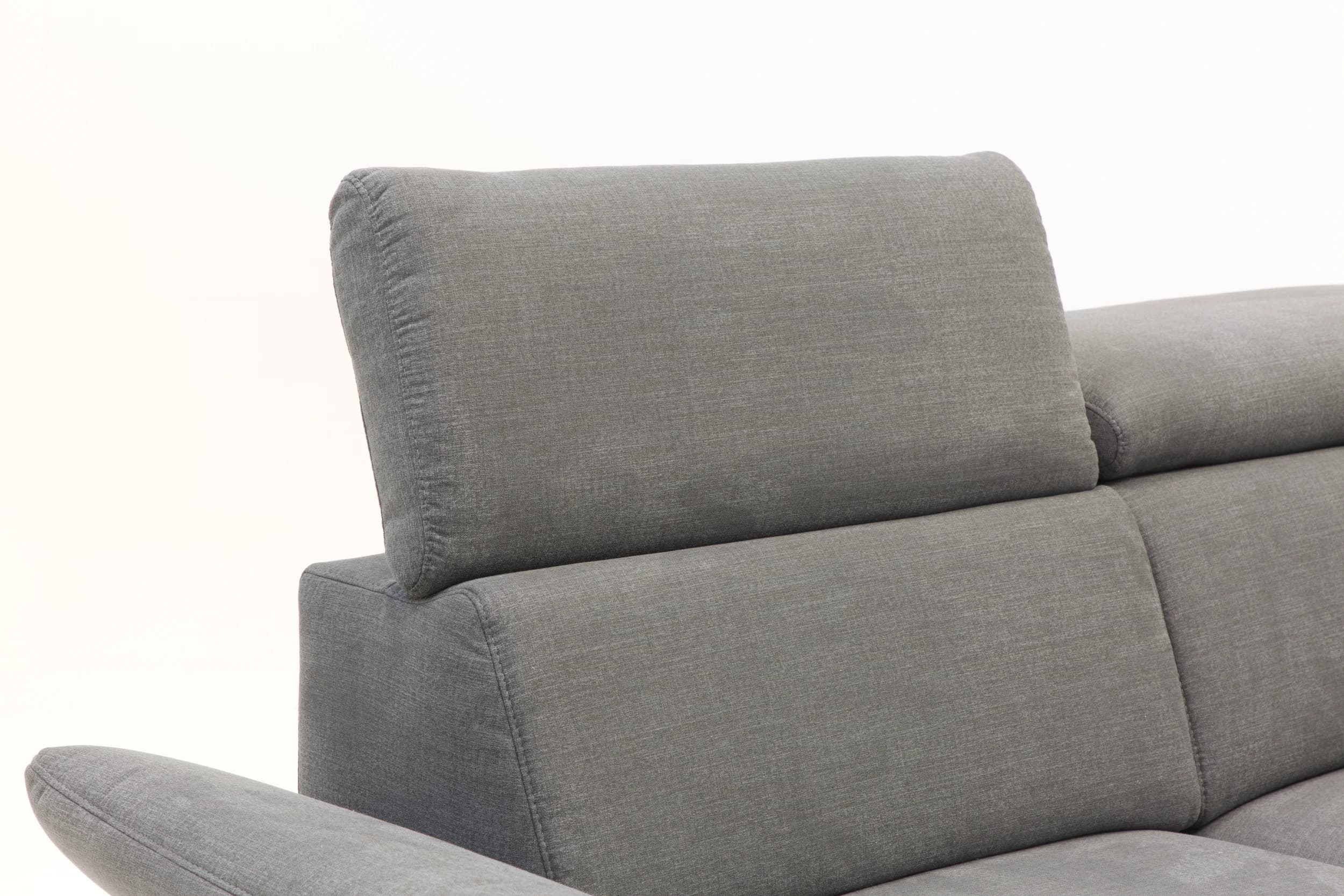 Ecksofa - 2,5-Sitzer mit Ecke rechts, Relaxfunktion (motorisch), Kopfstütze verstellbar (manuell), Armlehne verstellbar (manuell), Webstoff, Dunkelgrau