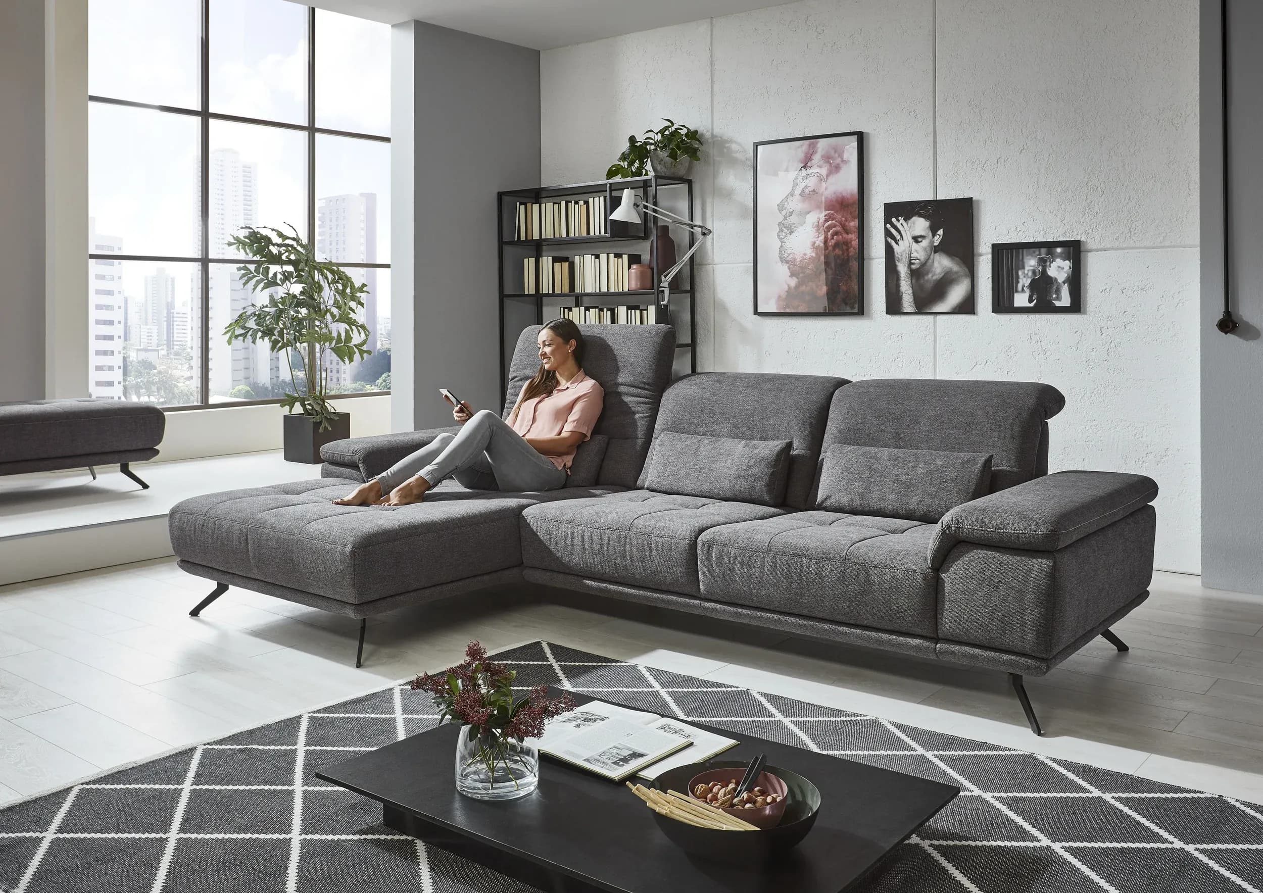 Sofa - Longchair links mit 3-Sitzer inkl. Kopfteil verstellbar, Stoff, Anthrazit