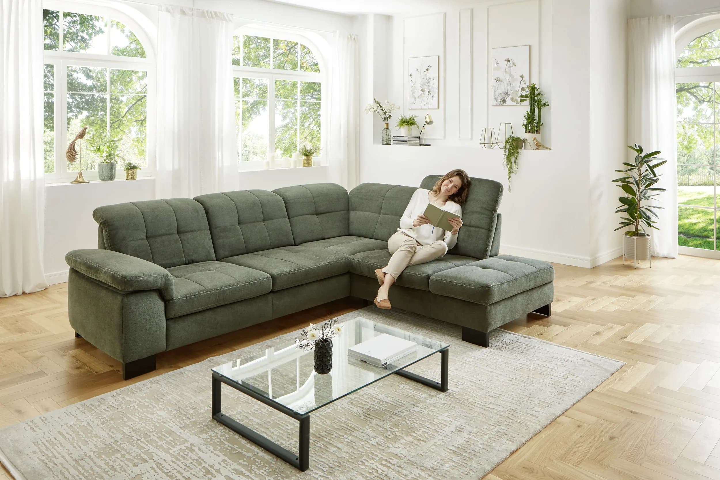 Ecksofa - 3-Sitzer mit Ecke rechts, Kopfteil verstellbar, Stoff, Moos