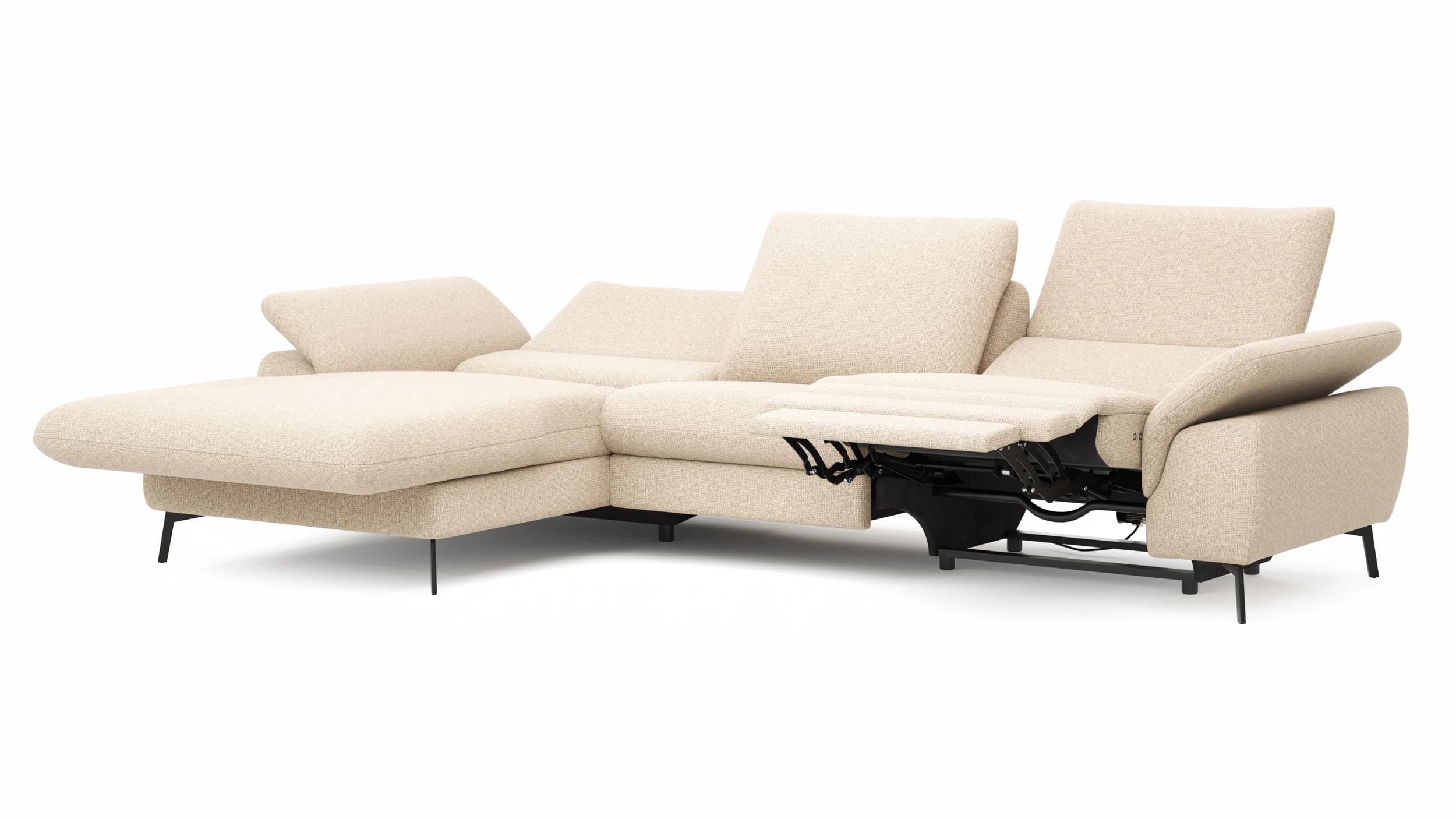 Ecksofa Gotera - Longchair groß mit 1,5-Sitzer med + 1,5-Sitzer med rechts inkl. Schlaffunktion (teilmotorisch), Armlehne klappbar, Rückenlehne verstellbar  und einmal Relaxfunktion (teilmotorisch), Stoff, Creme