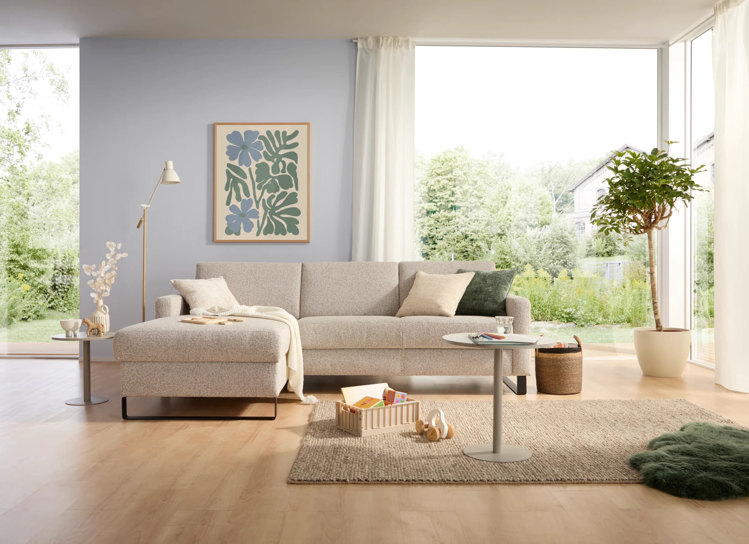 Schlafsofa Laredo - Longchair mit 2-Sitzer rechts inkl. Schlaffunktion mit Bettkasten, Stoff, Graubeige