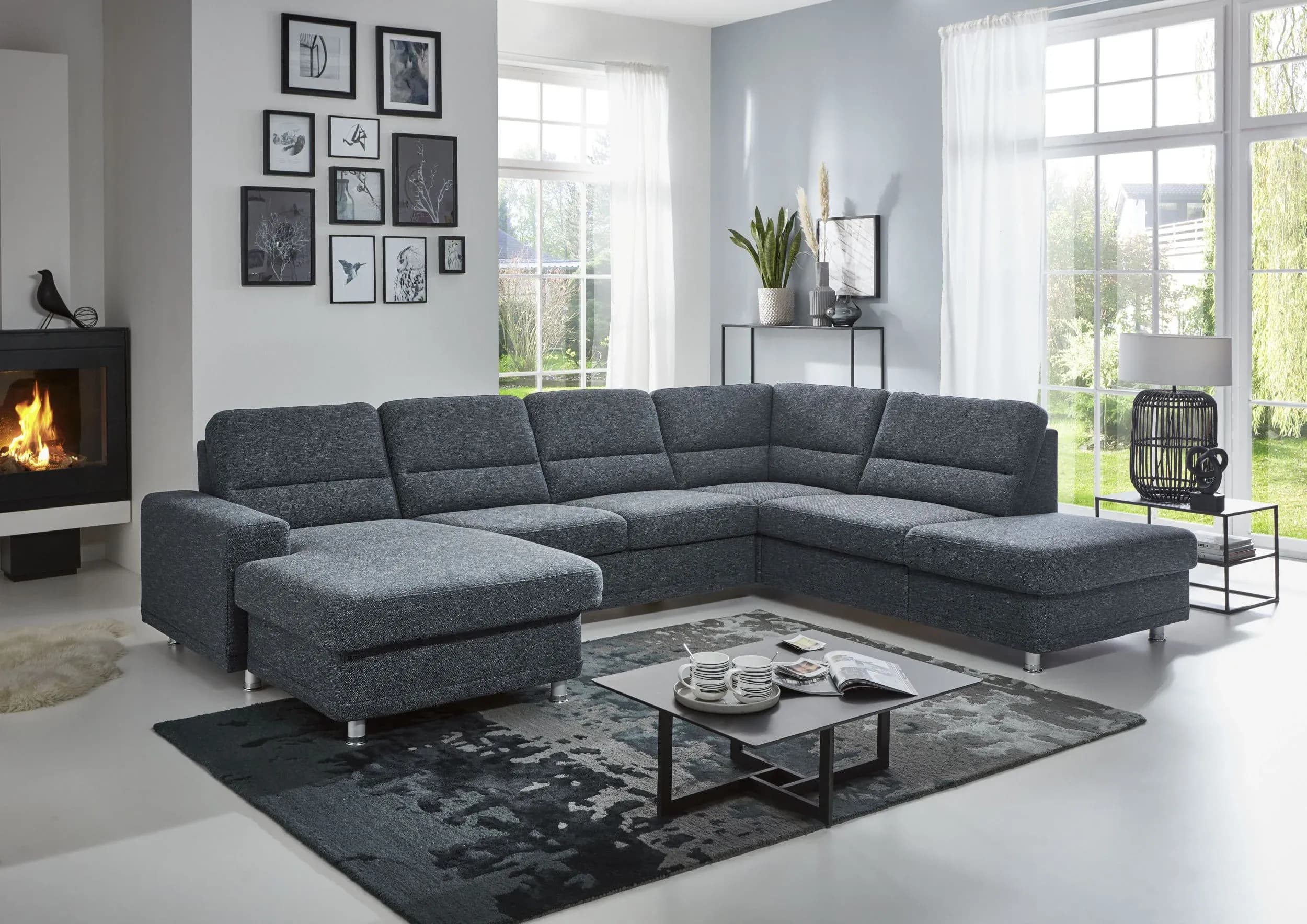Wohnlandschaft - Longchair links mit 2,5-Sitzer und Ecke rechts, Stoff Dunkelblau