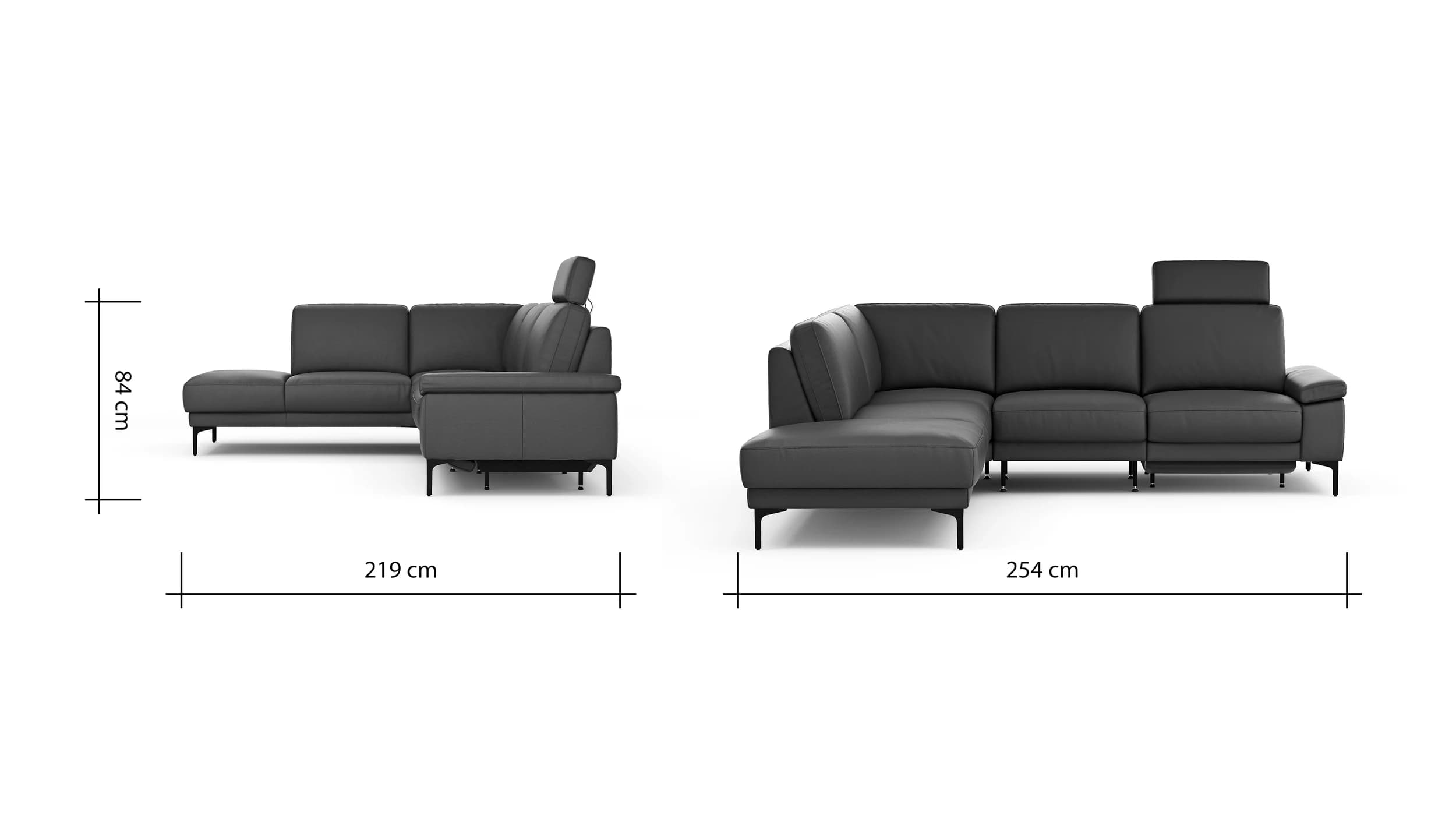 Ecksofa Matero - Ecke mit 2-Sitzer rechts inkl. Relaxfunktion motorisch und Sitzvorzug, Leder, Anthrazit