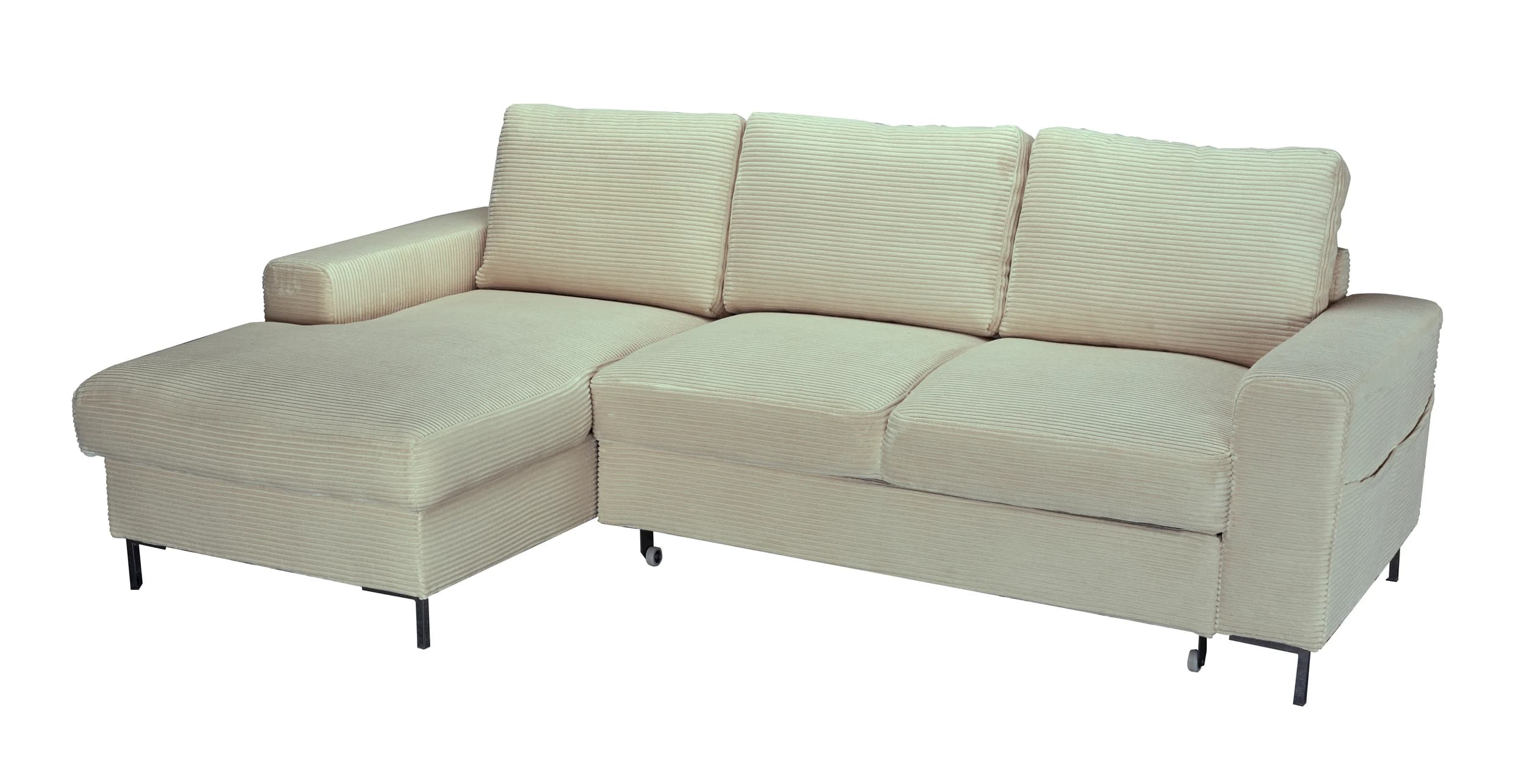 Ecksofa - Longchair links mit 2-Sitzer, Schlaffunktion mit Bettkasten, Stoff, Creme