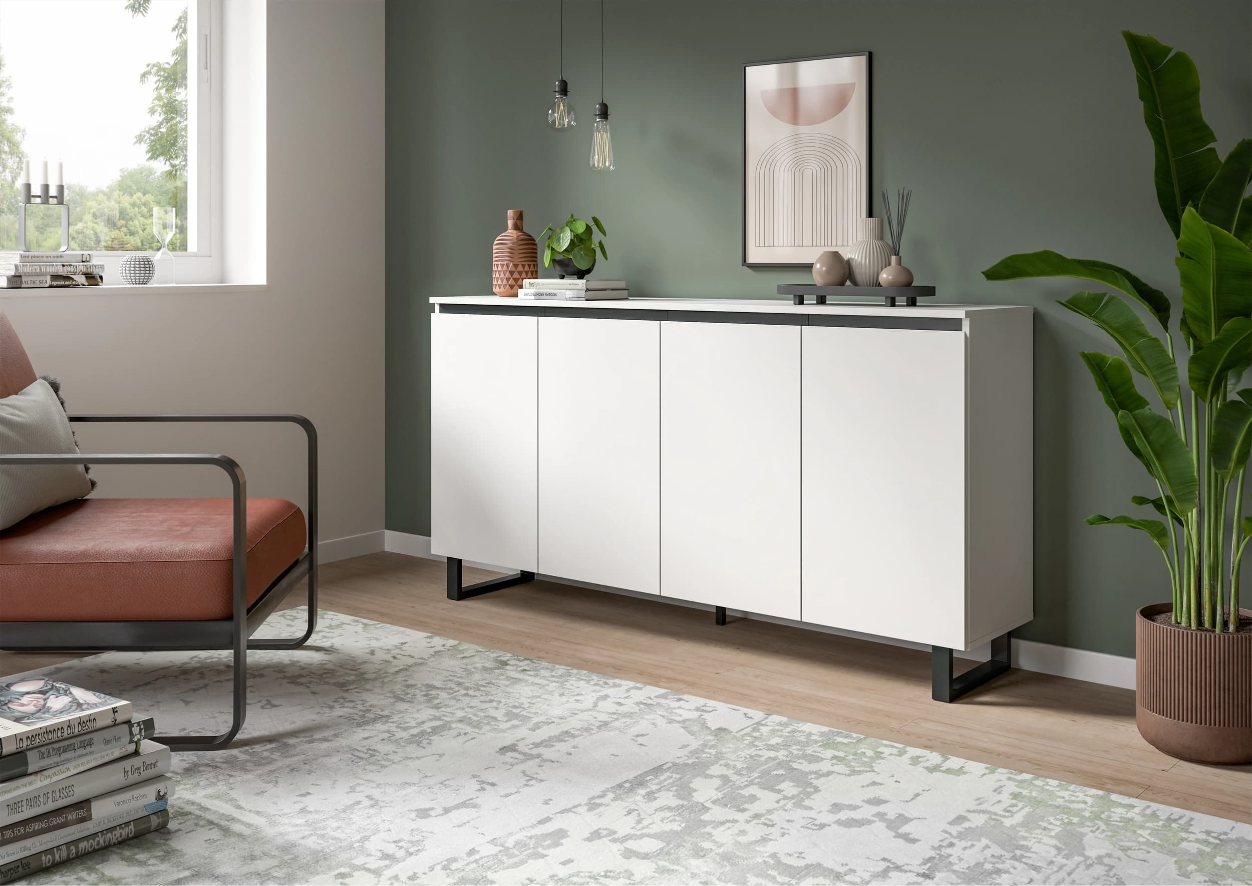 Sideboard - B ca. 160 cm, Weiß, Schwarz