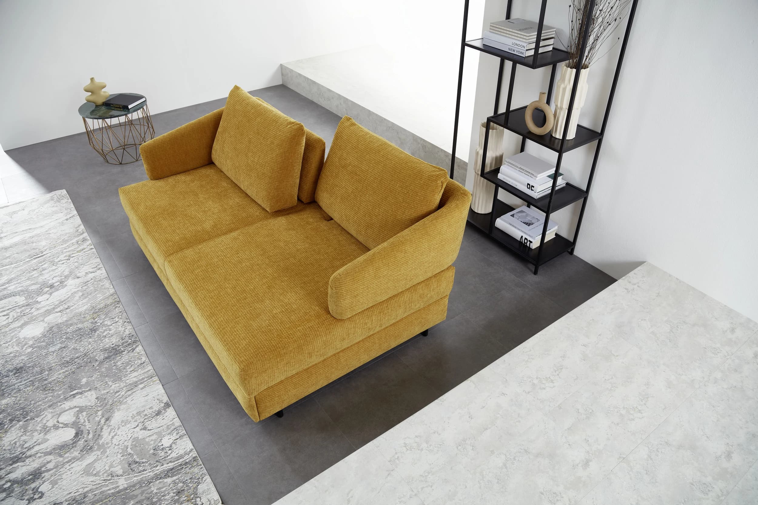 Sofa - 2-Sitzer mit Schlaffunktion, Sitztiefe verstellbar, Stoff, Gelb