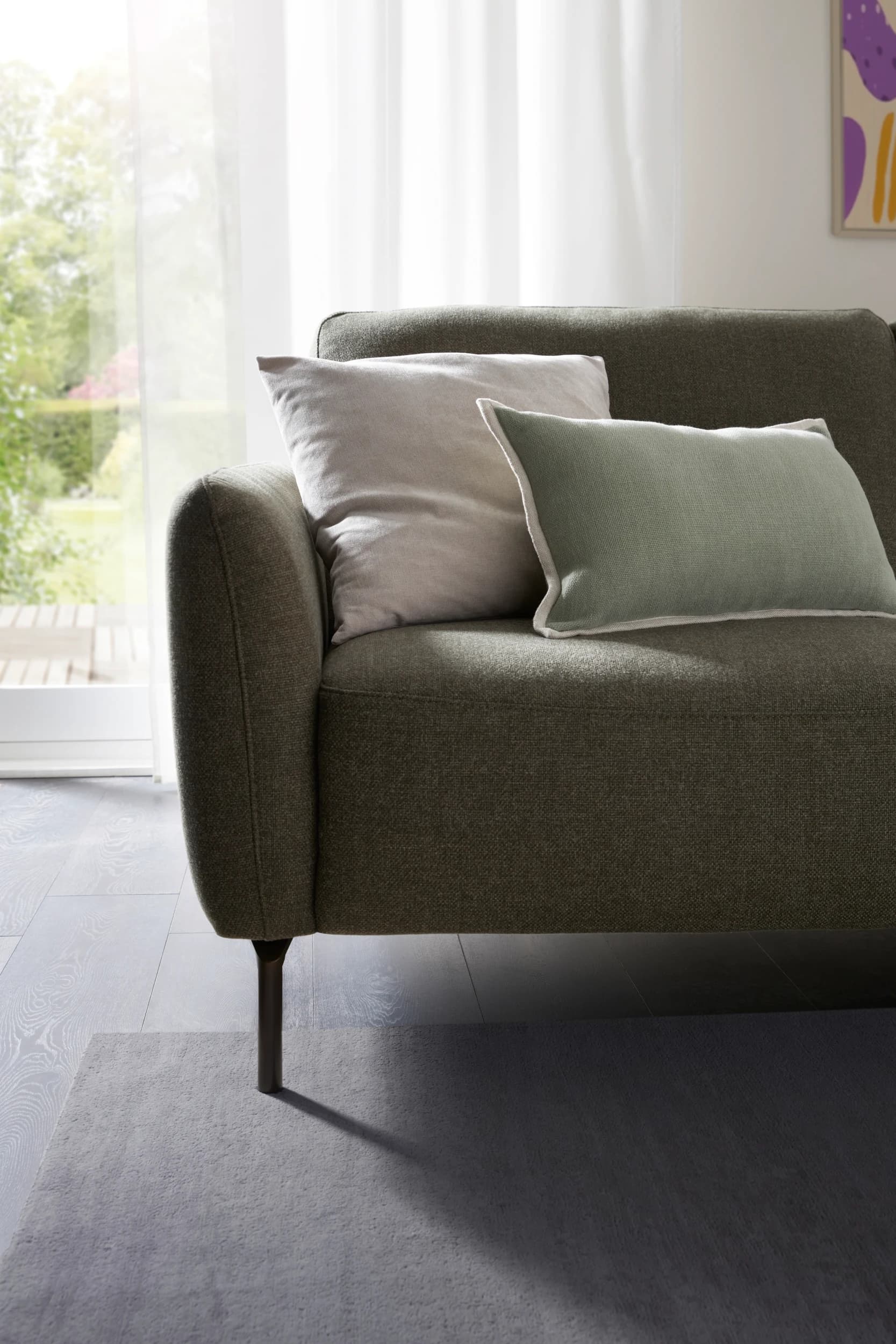 Ecksofa Leona - 3-Sitzer mit Longchair rechts, Stoff, Braungrün