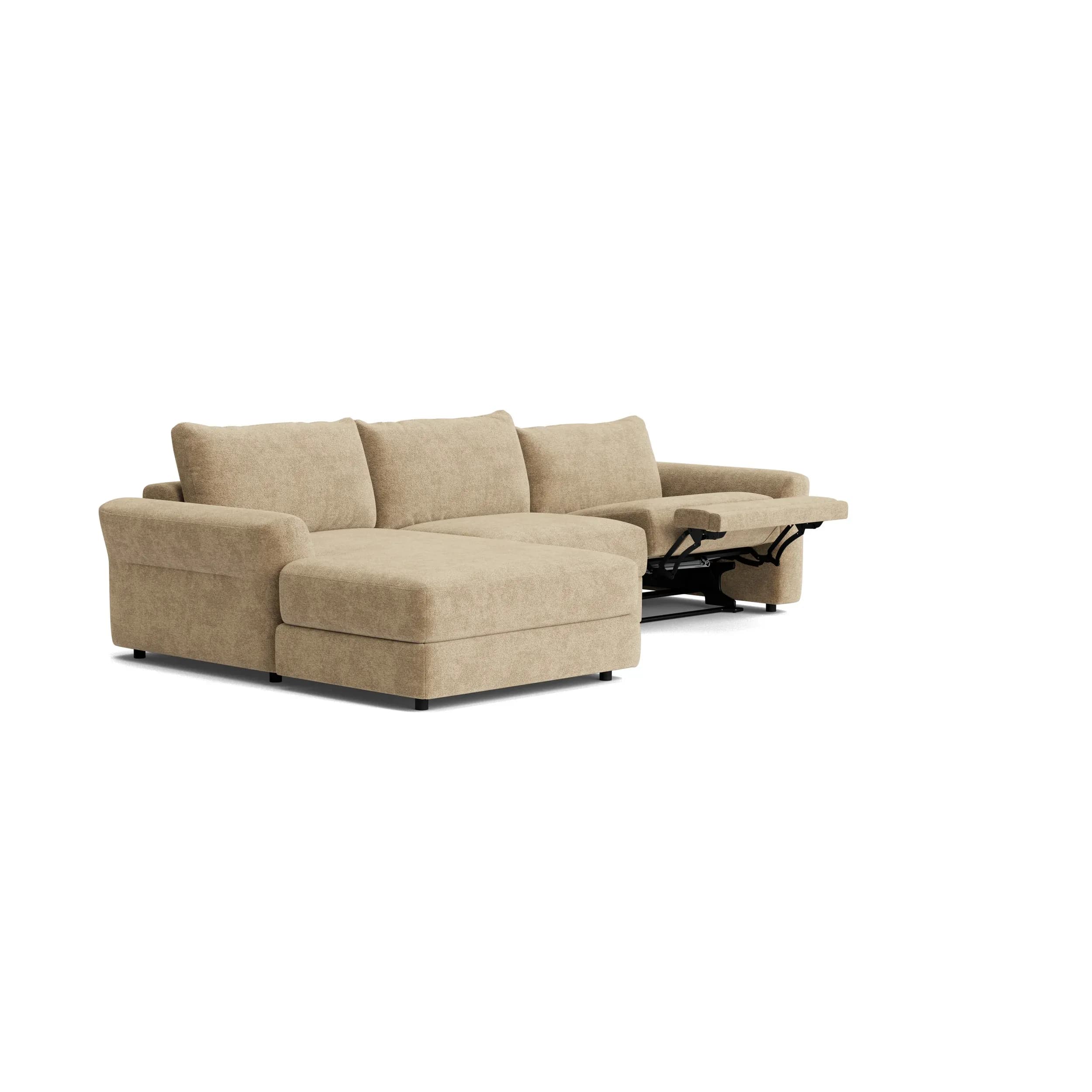 Ecksofa Almeria - 2-Sitzer mit Longchair rechts inkl. 1 Relaxfunktion motorisch, Stoff, Hellbraun