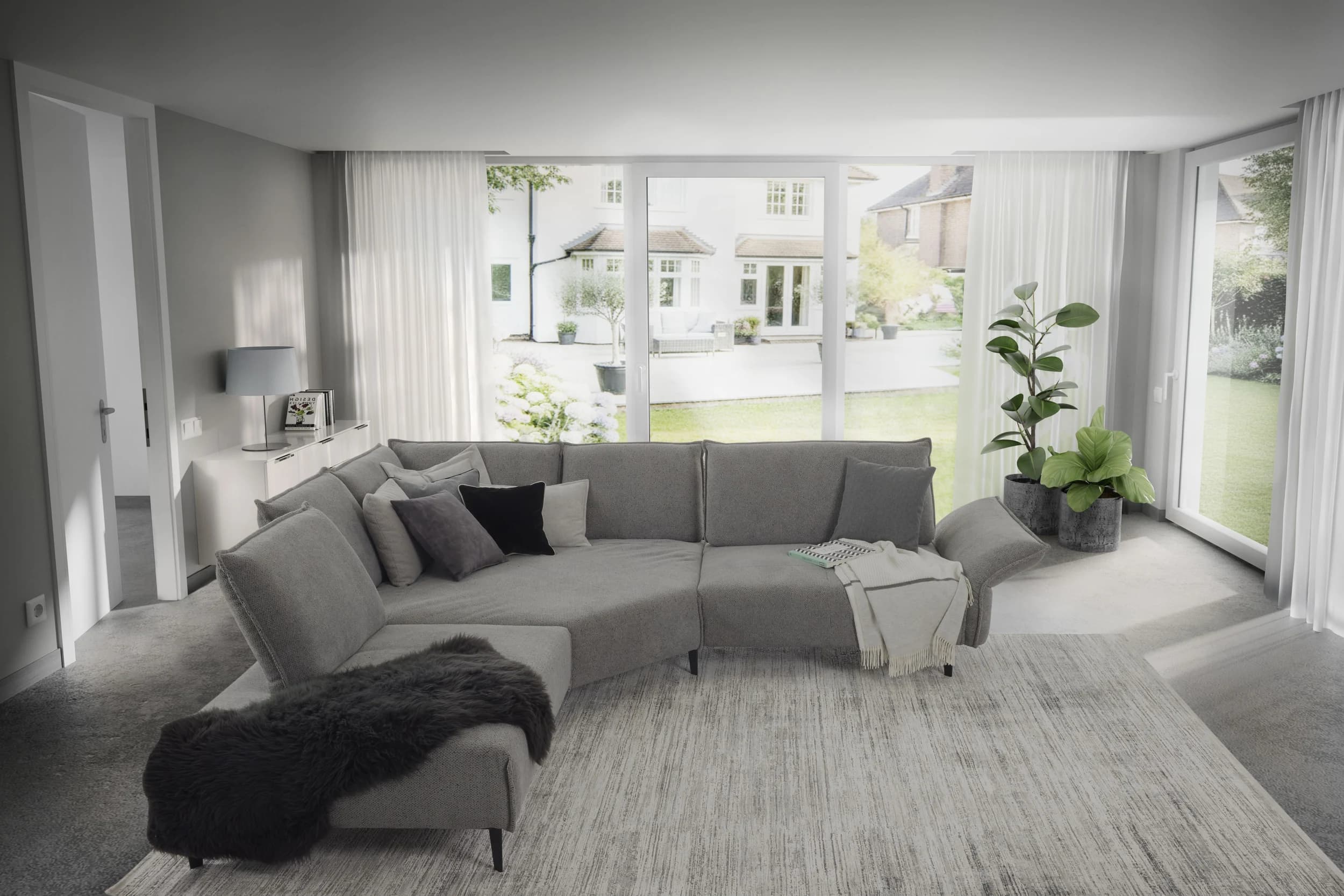 Ecksofa - Ecke links mit 1-Sitzer, Sitztiefe verstellbar, Stoff, Hellgrau