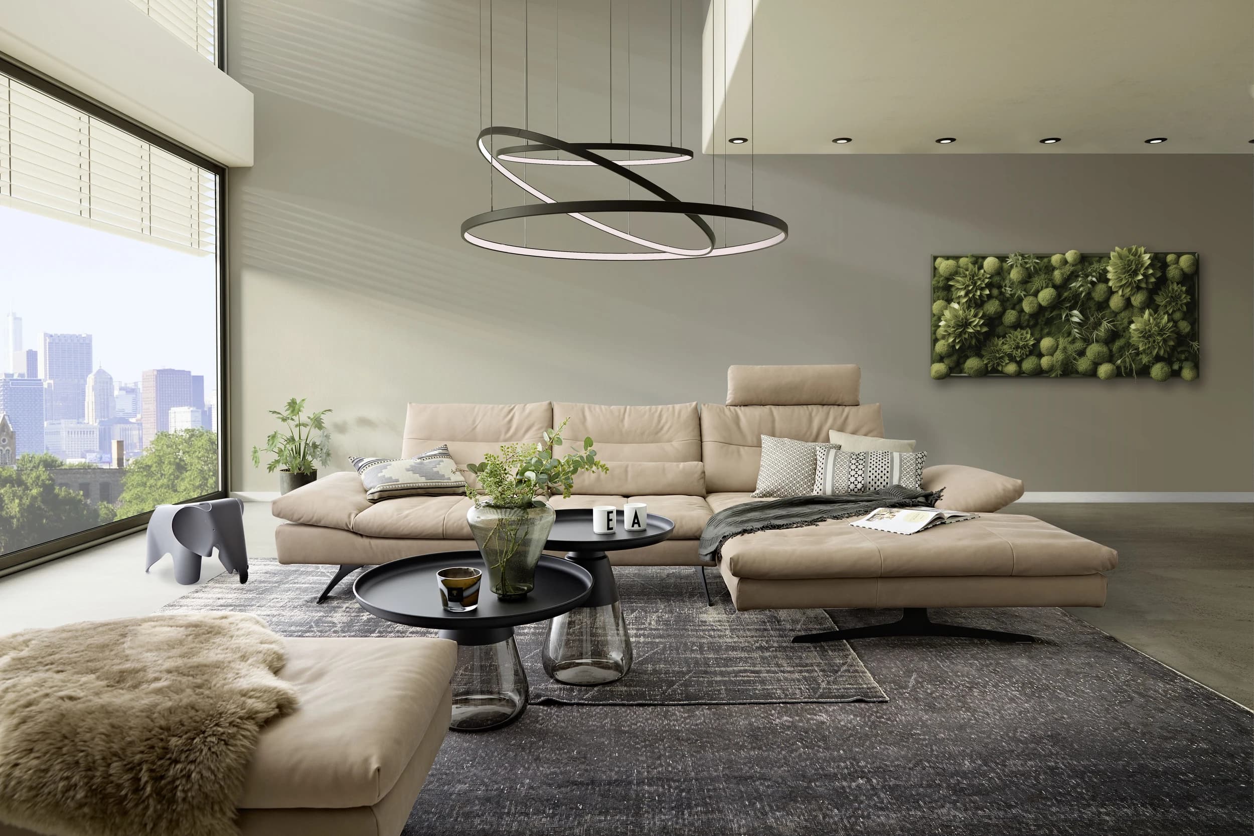 Ecksofa - 3-Sitzer mit Longchair rechts, Sitztiefe verstellbar, Leder, Sand