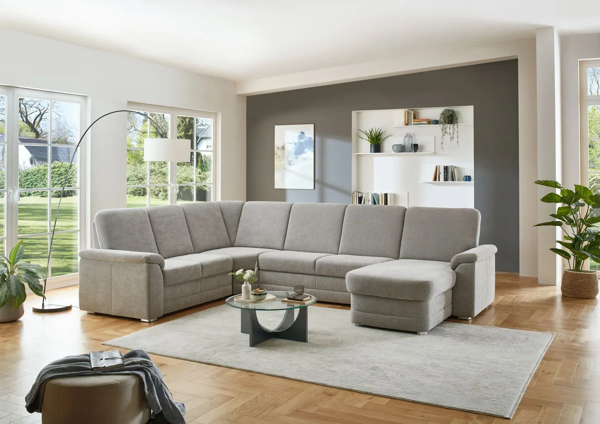 Wohnlandschaft - Ecke links mit 2,5-Sitzer und Longchair rechts, Stoff Alufarben