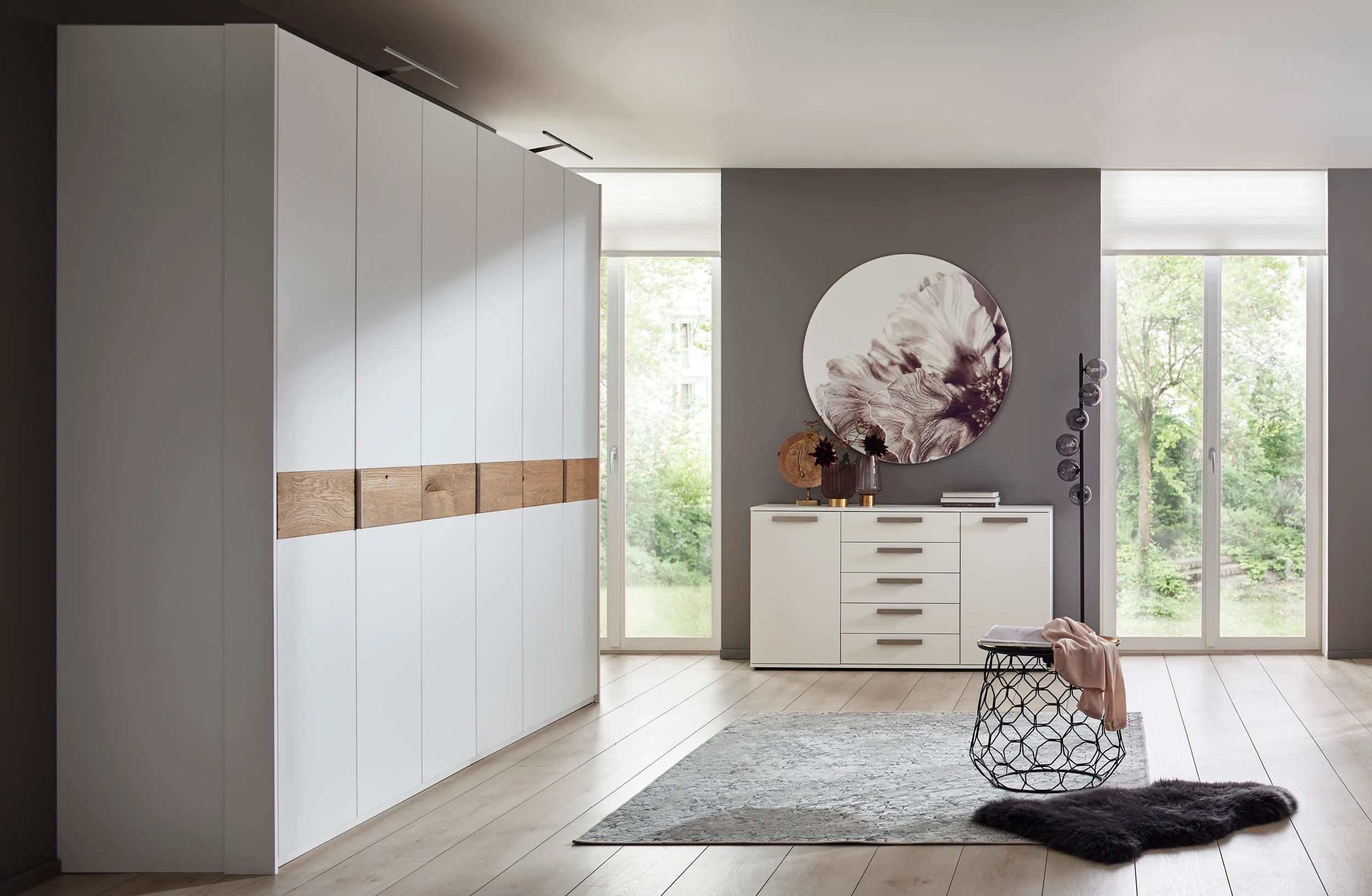 Drehtürenschrank Viana - B ca. 204 cm, Lack, Weiß, Riffholz, Wildeiche