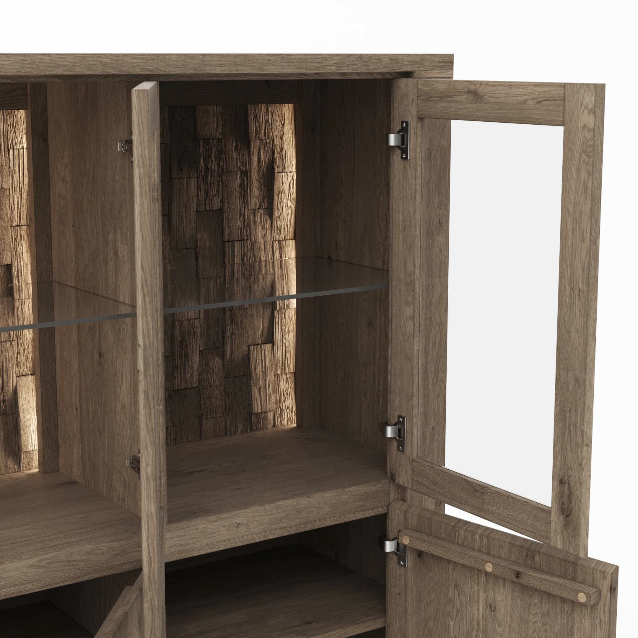 Highboard Bakersfield - inkl. Beleuchtung, Rückwand mit Holzschindeln, Asteiche, Barrrique