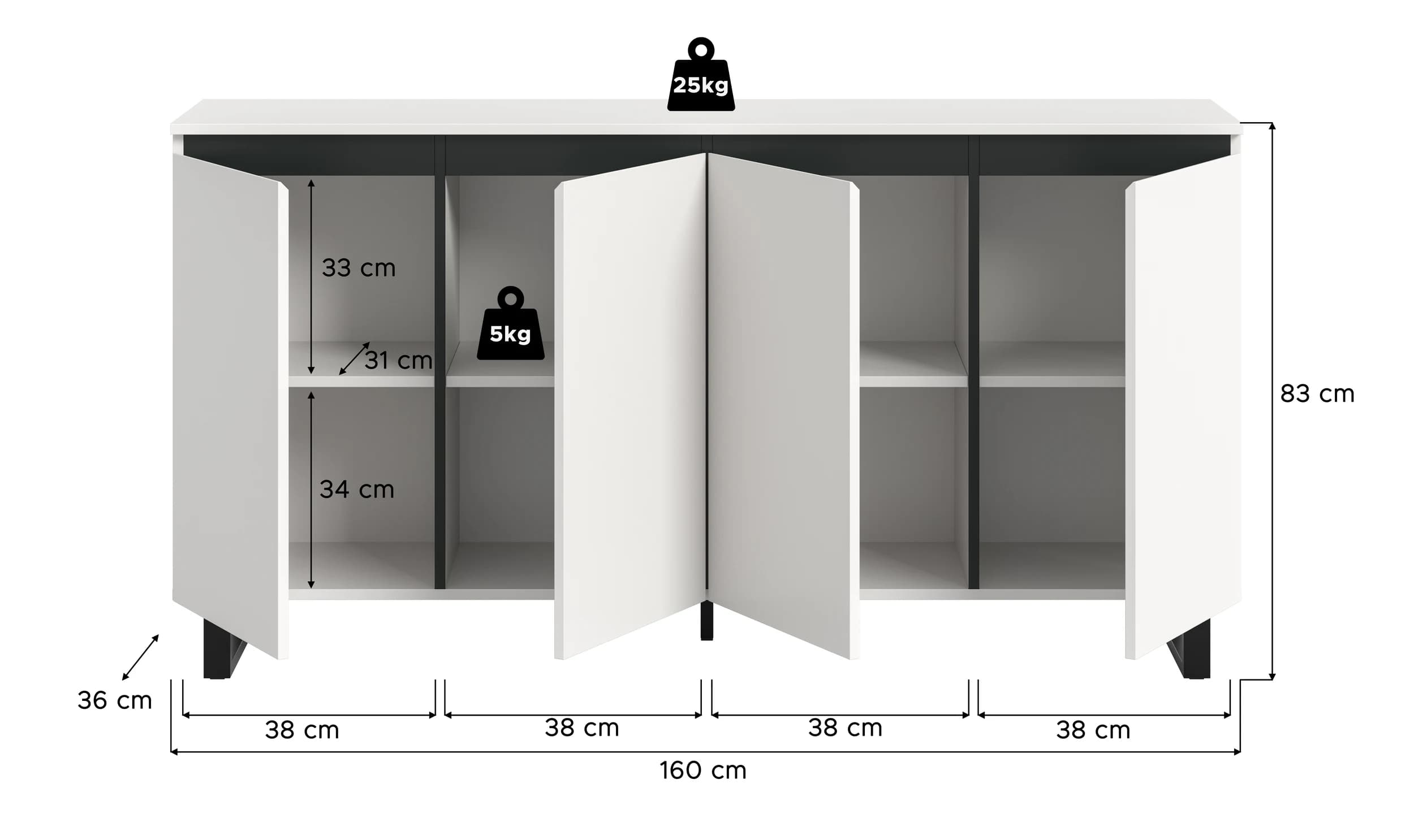 Sideboard - B ca. 160 cm, Weiß, Schwarz