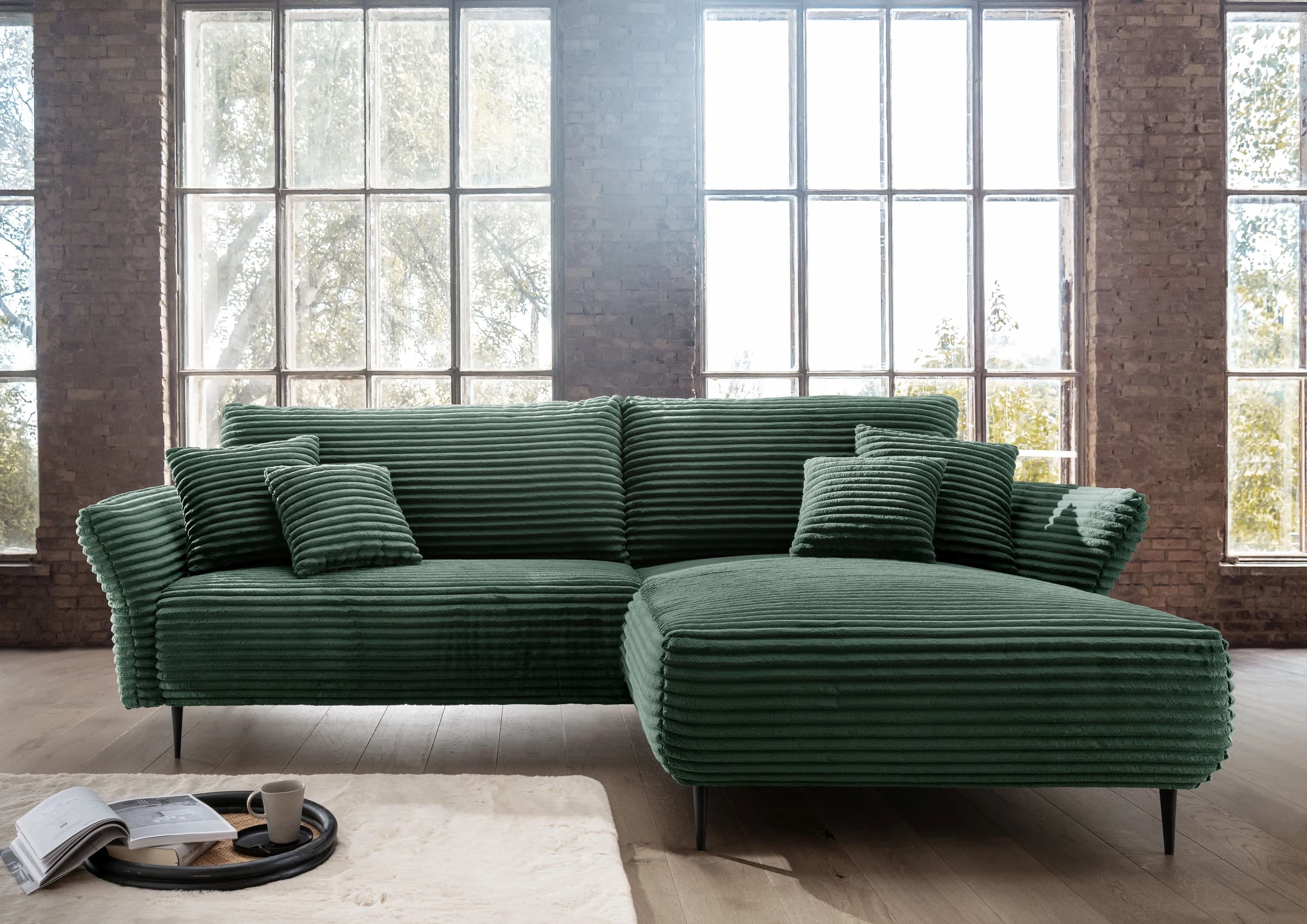 Ecksofa -2-Sitzer mit Longchair rechts, Armlehne verstellbar, Stoff, Moosgrün