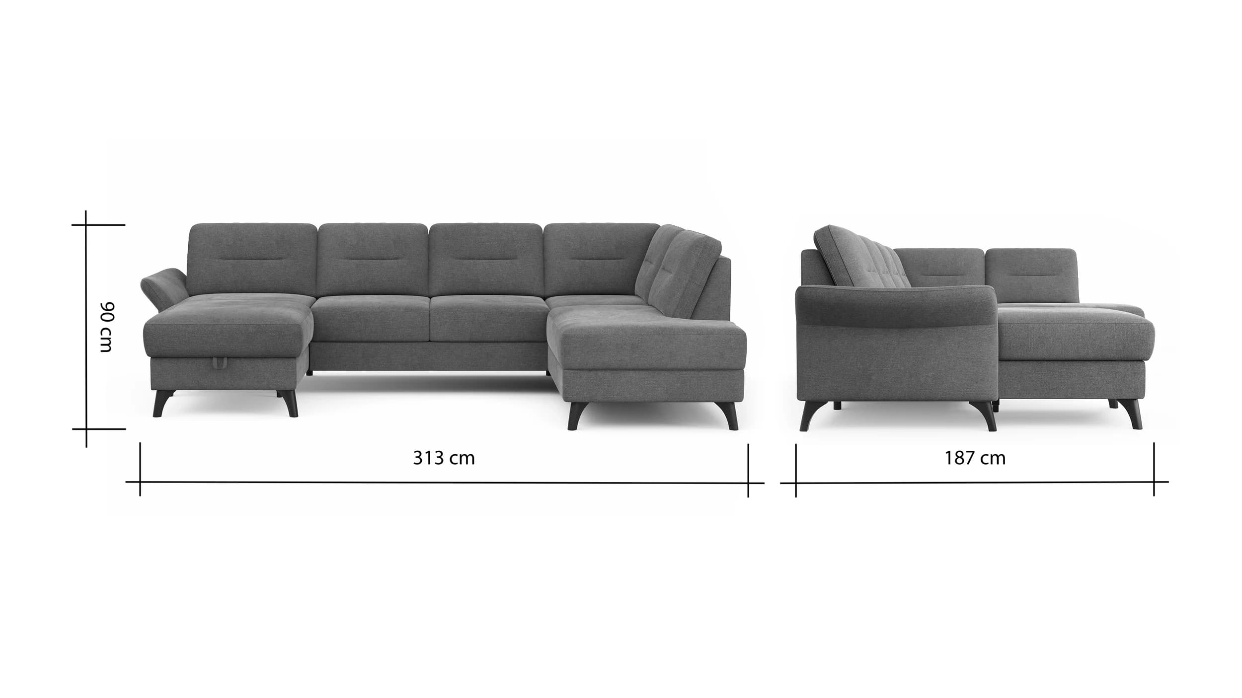 Wohnlandschaft Almyra - Longchair links inkl. Bettkasten und Armlehne klappbar, 2,5-Sitzer inkl. Vorziehsitz (motorisch), Ottomane rechts, Stoff, Kupfer