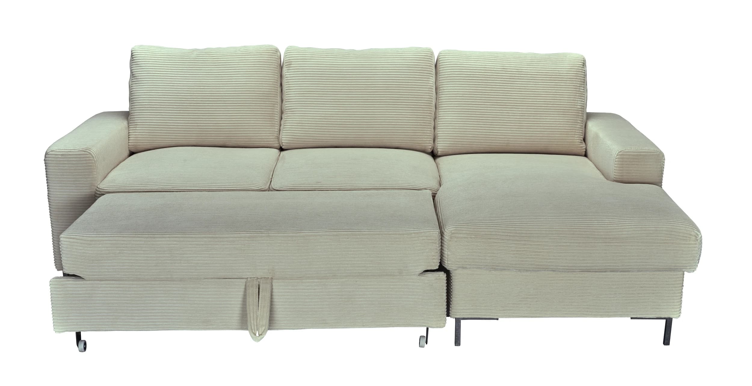 Ecksofa - 2-Sitzer mit Longchair rechts, Schlaffunktion mit Bettkasten, Stoff, Creme