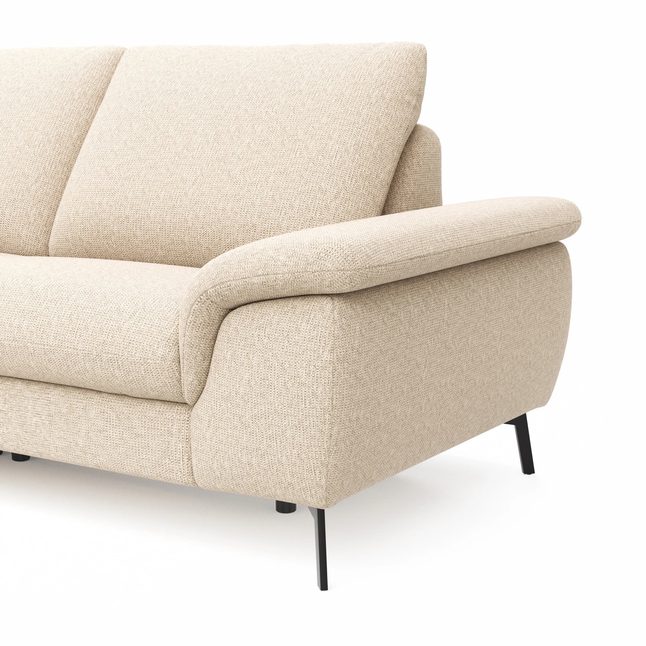 Ecksofa Gotera - Longchair groß mit 1,5-Sitzer med + 1,5-Sitzer med rechts inkl. Schlaffunktion (teilmotorisch), Armlehne klappbar, Rückenlehne verstellbar  und einmal Relaxfunktion (teilmotorisch), Stoff, Creme