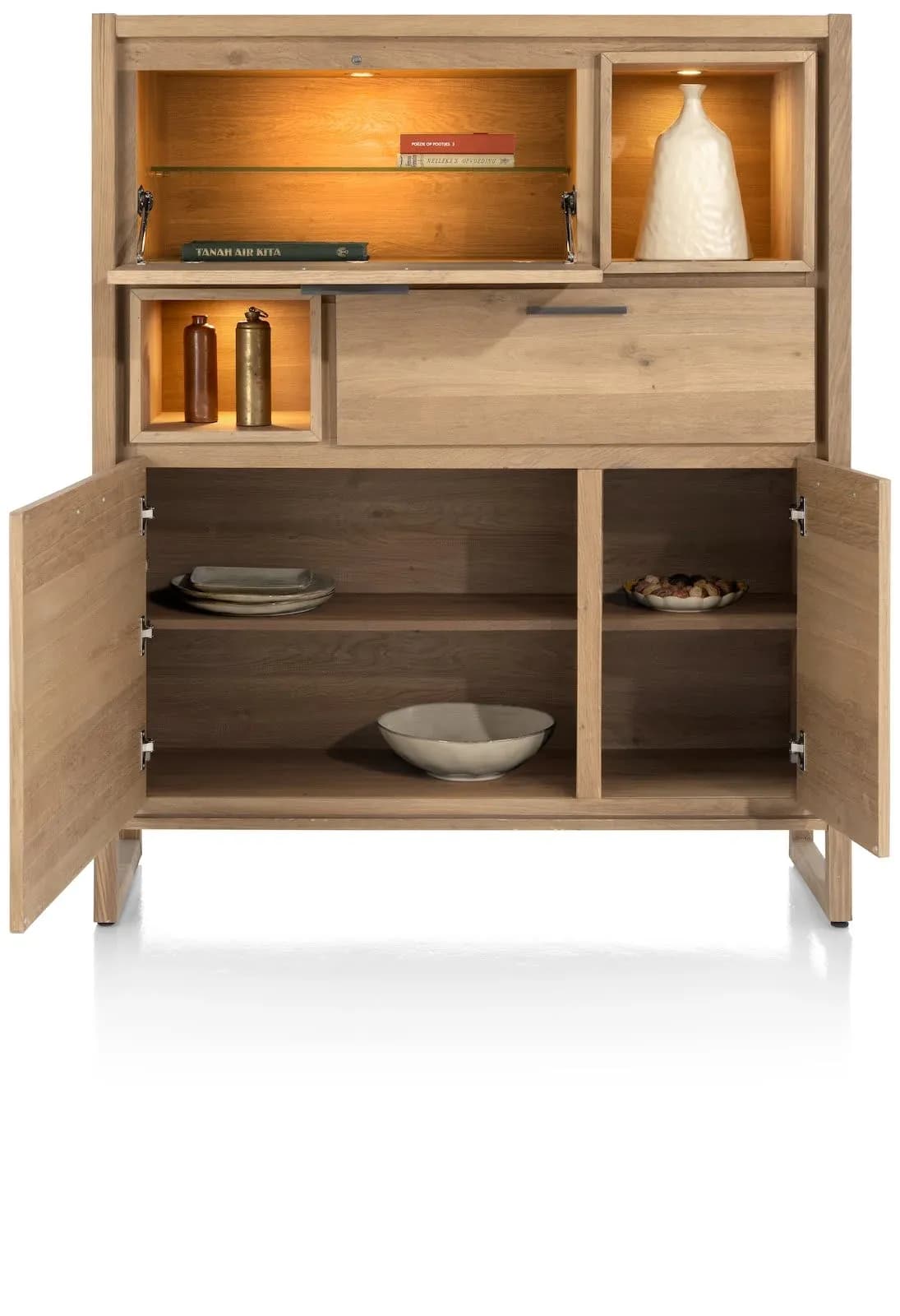 Nystead, Highboard 125 cm. - 2-Türen + 1-Lade + 1-Klappe + 2-Nischen (+LED)