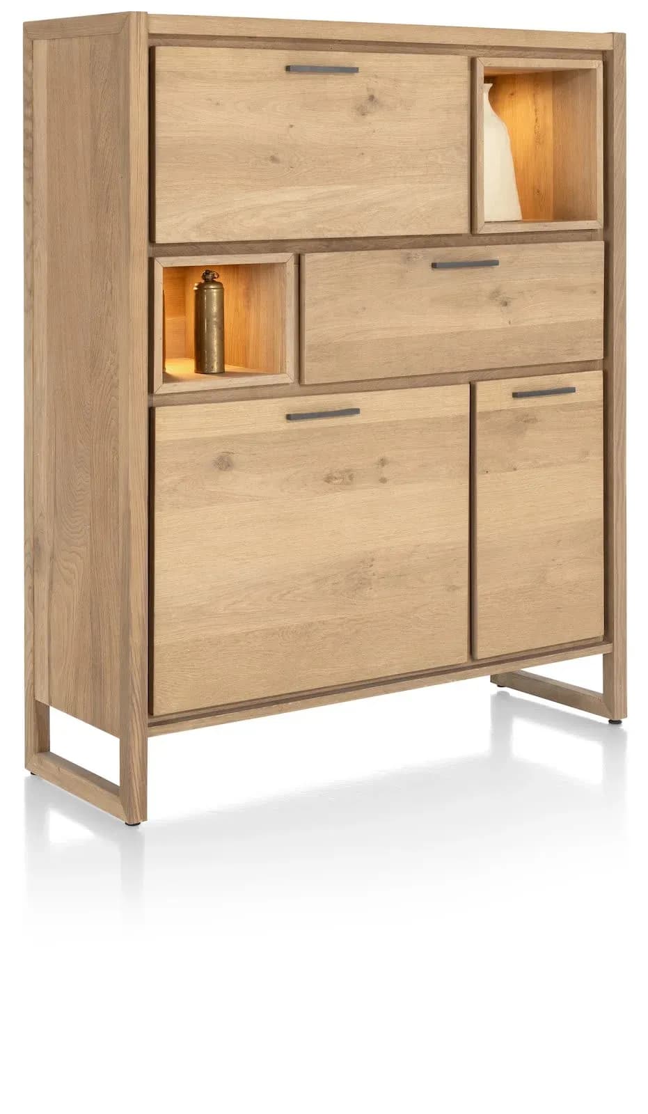 Nystead, Highboard 125 cm. - 2-Türen + 1-Lade + 1-Klappe + 2-Nischen (+LED)