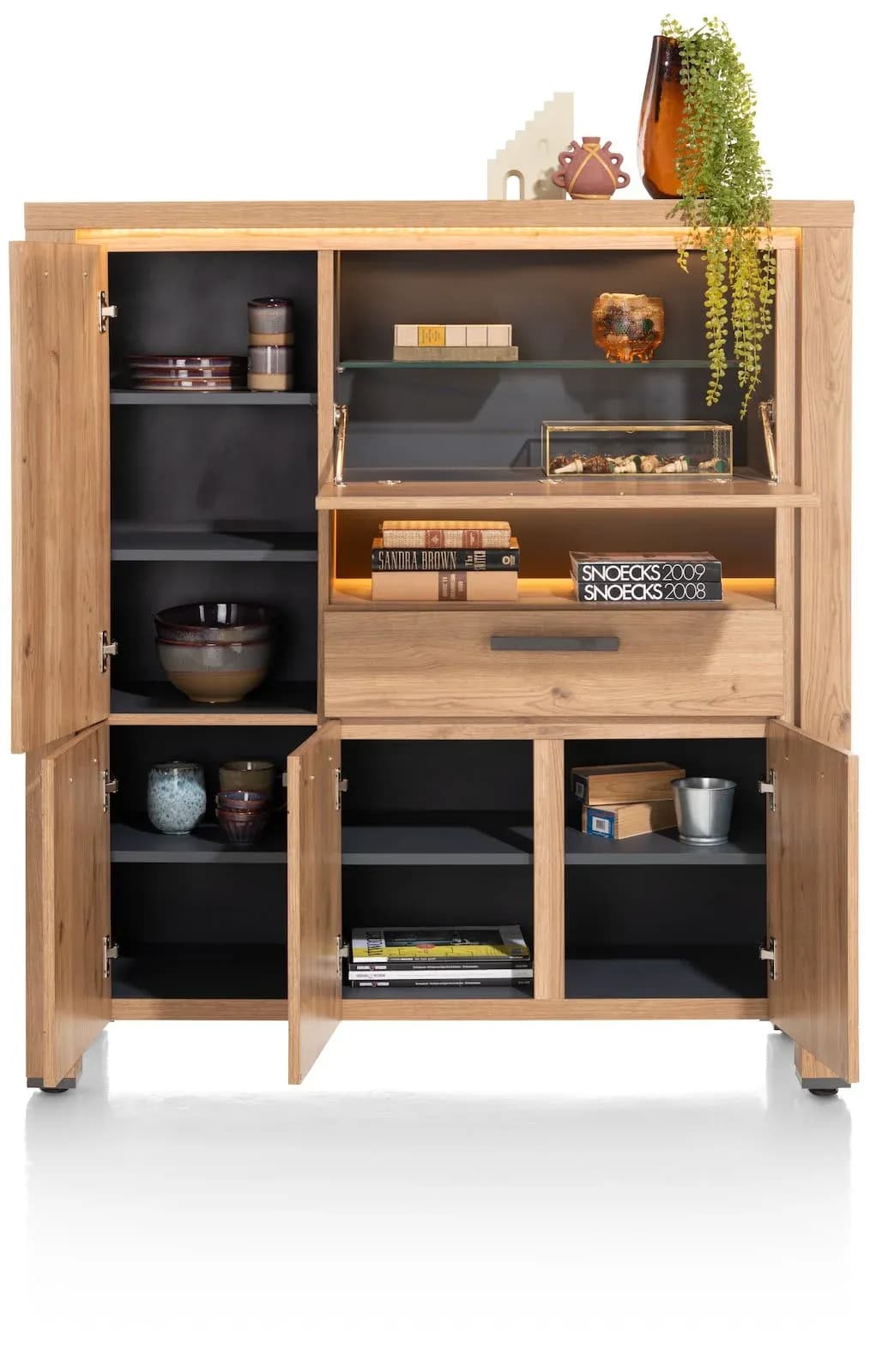 Delmonte, Highboard 130 cm - 4-Türen + 1-Lade + 1-Klappe + 1-Nische (dimmbare LED-Beleuchtung)