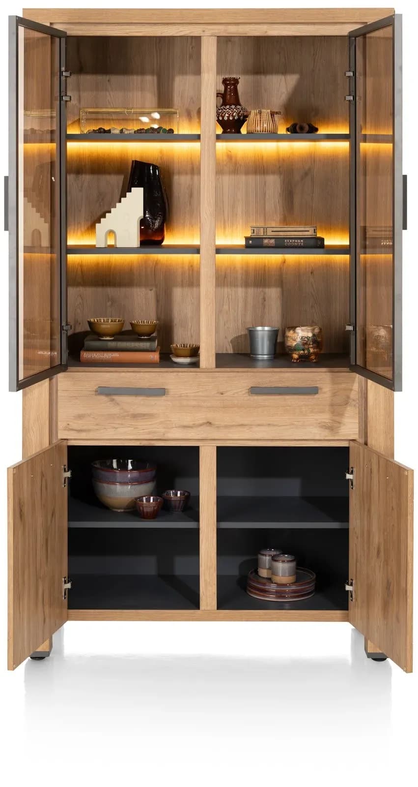 Delmonte, Vitrine 110 cm - 2-Glastüren + 2-Türen + 1-Lade (+ LED)
