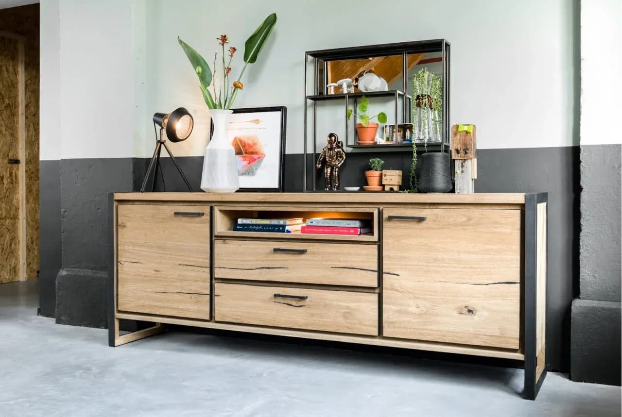Metalo, Sideboard 210 cm - 2-Türen + 2-Laden + 1-Nische (+ LED)