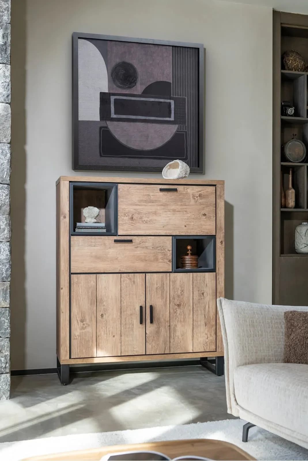 Pavarotti, Highboard 125 cm - 2-Türen + 1-Lade + 1-Klappe + 2-Nischen (+ LED)