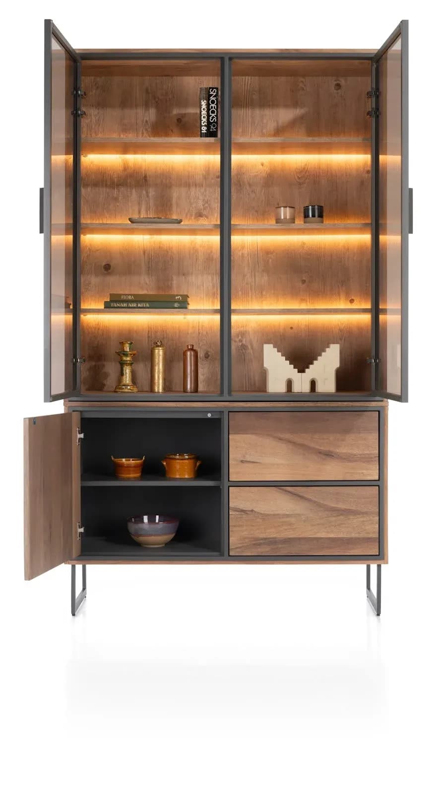 Trapani, Buffetschrank 120 cm - 2-Glastüren + 1-Tür + 2-Laden (+ LED)