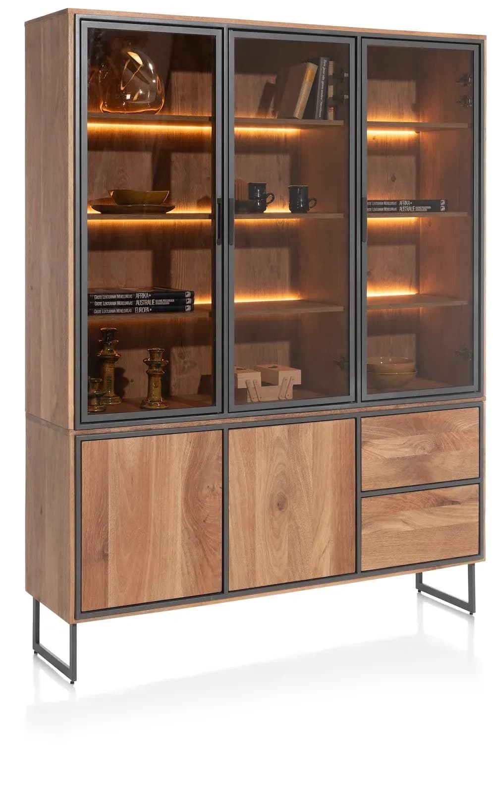 Trapani, Buffetschrank 160 cm - 3-Glastüren + 2-Türen + 2-Laden (+ LED)