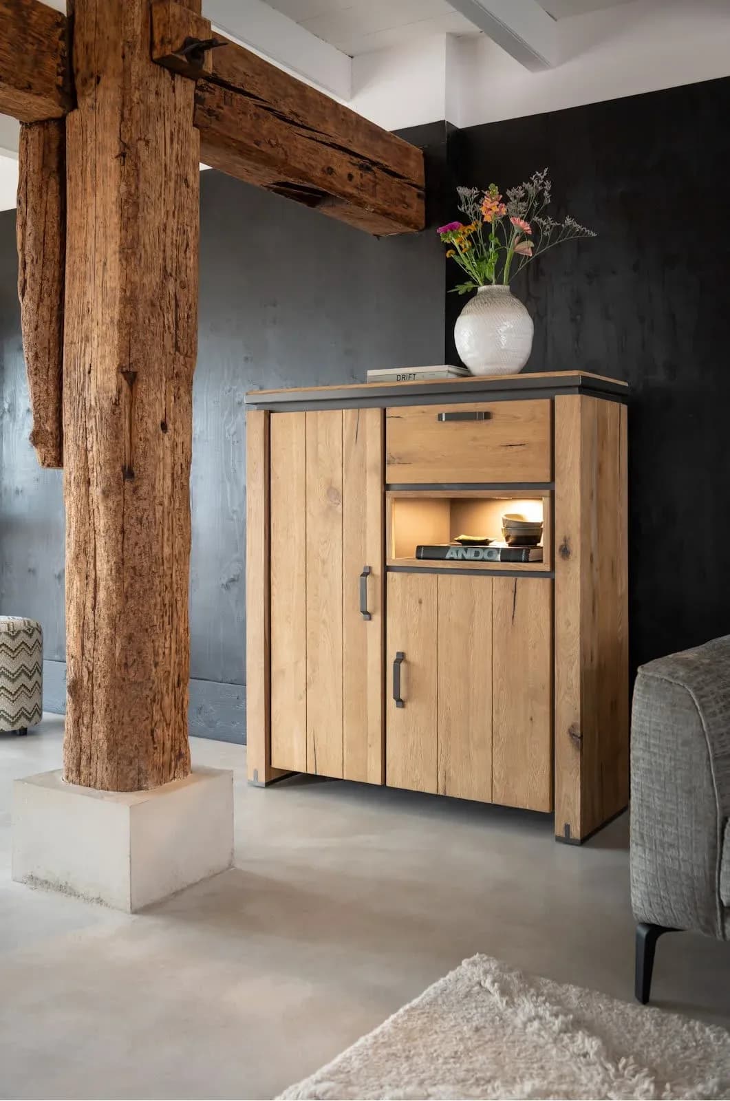 Farmland, Highboard 125 cm - 2-Türen + 1-Lade + 1-Nische (+ LED)