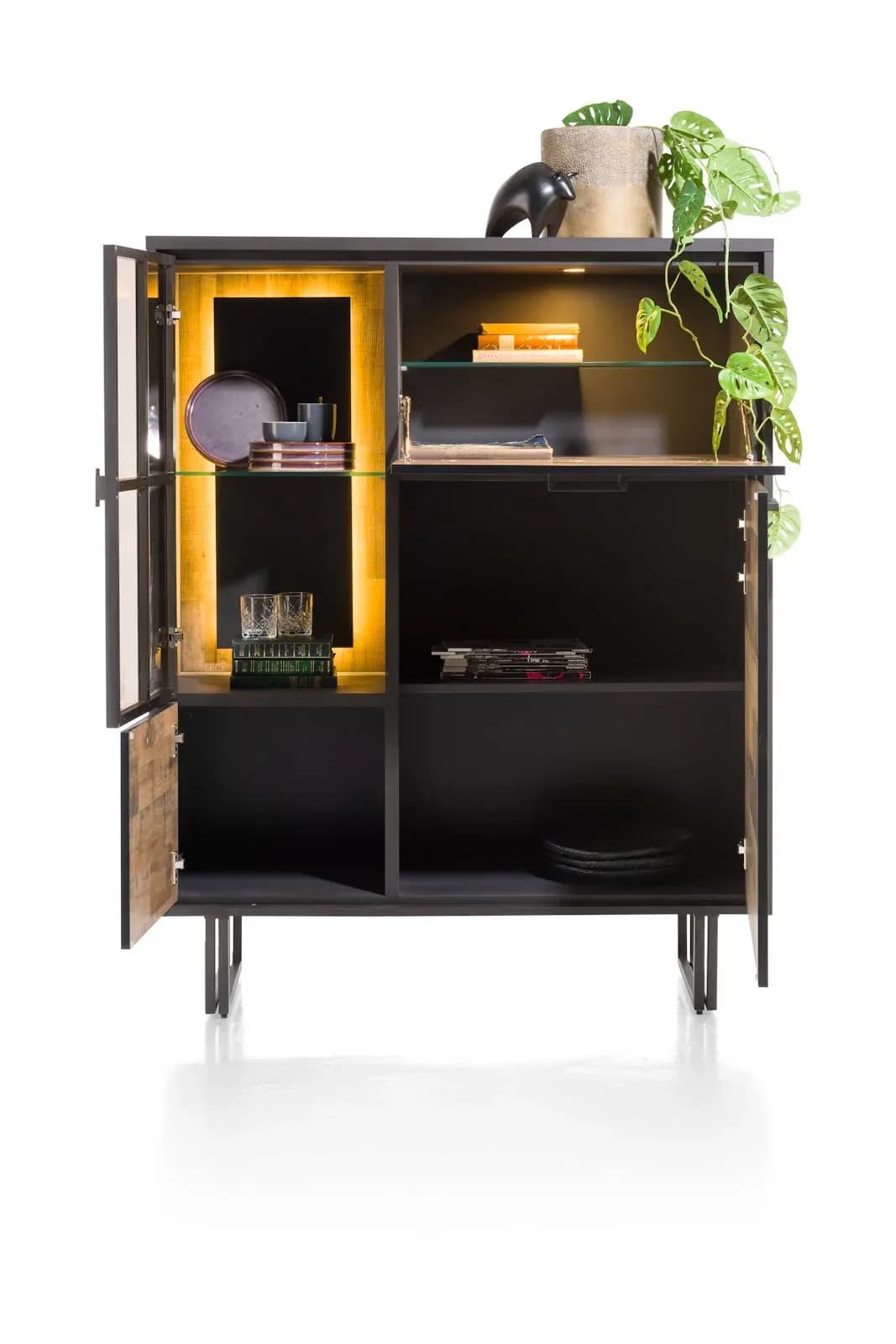 Avalon, Highboard 120 cm - 2-Türen + 1-Glastür + 1-Klappe (+ LED)
