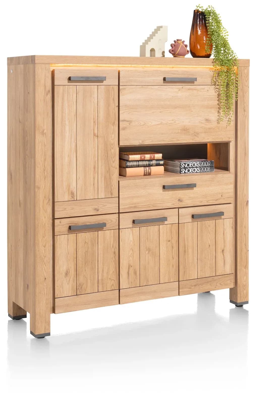 Delmonte, Highboard 130 cm - 4-Türen + 1-Lade + 1-Klappe + 1-Nische (dimmbare LED-Beleuchtung)