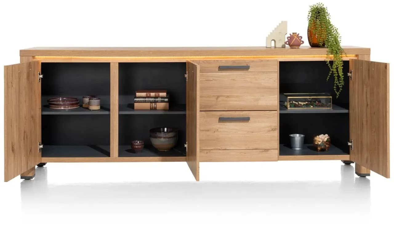 Delmonte, Sideboard 230 cm - 3-Türen + 2-Laden (dimmbare LED-Beleuchtung)