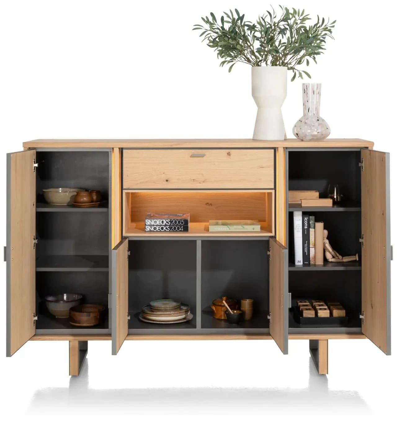 Shimanto, Highboard 180 cm - 4-Türen + 1-Lade + 1-Nische (dimmbare LED-Beleuchtung)