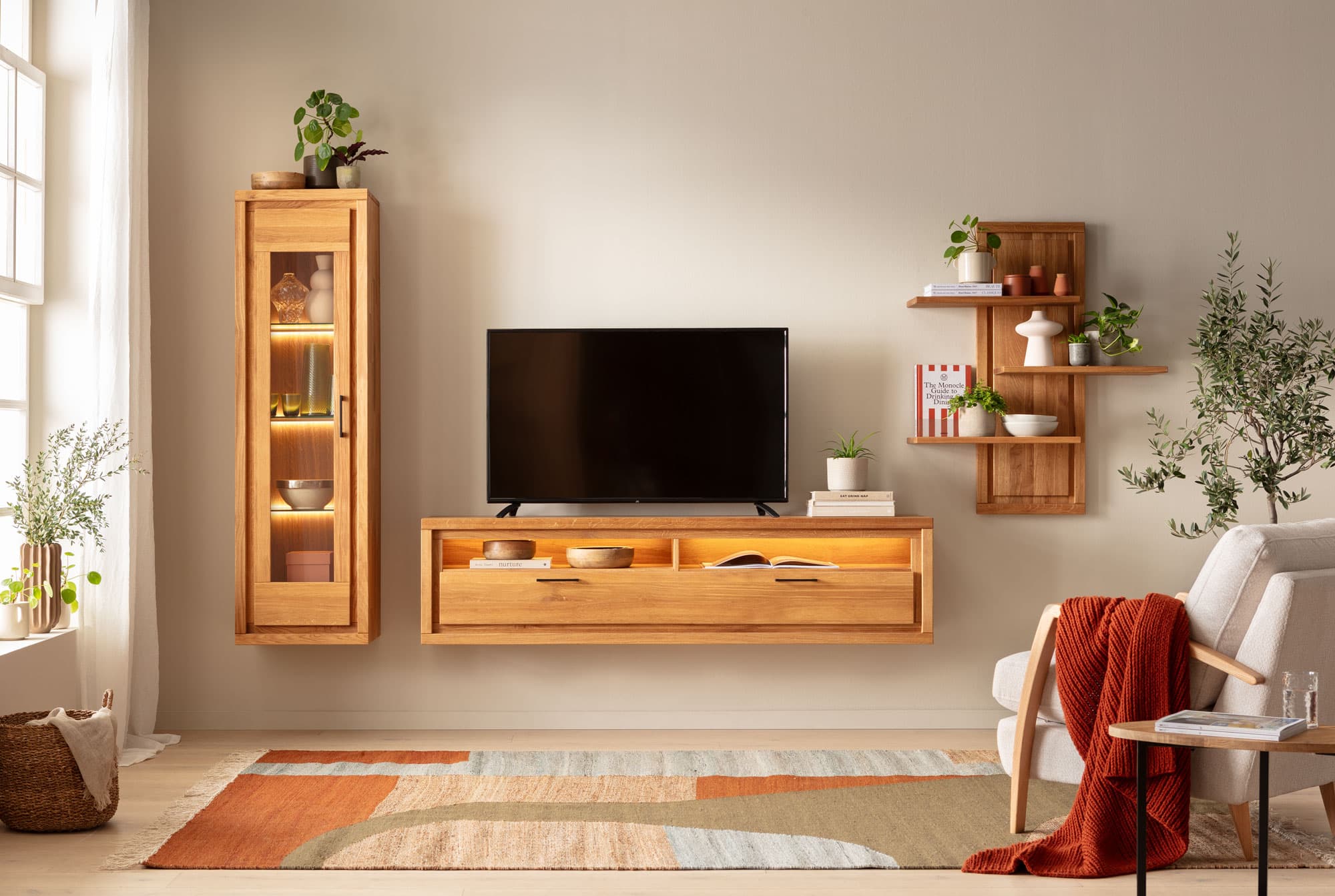 Moderne Wohnzimmereinrichtung mit Fernseher, Holzregalen, Pflanzen und einem beigen Teppich auf einem hellen Hintergrund.