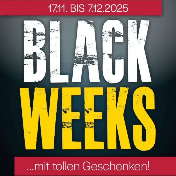 Aktionsbanner „Black Weeks“ vom 17.11. bis 7.12.2025 – „…mit tollen Geschenken!“