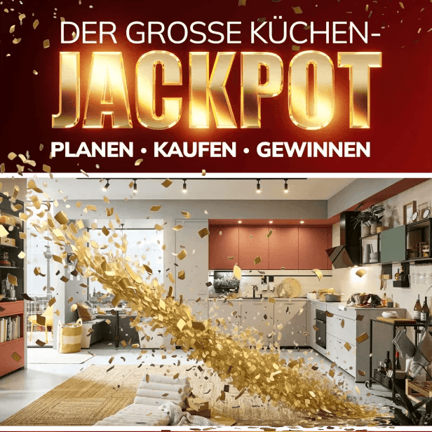 Aktions-Key-Visual „Der große Küchen-Jackpot – Planen · Kaufen · Gewinnen“ mit Goldkonfetti über einer modernen Küche