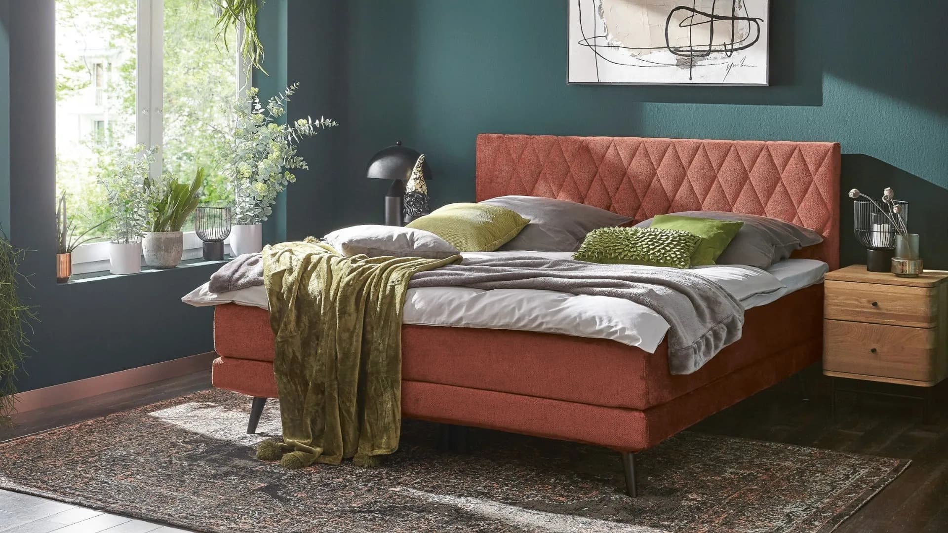 Boxspringbett Valencia mit kupferfarbenem Stoffbezug