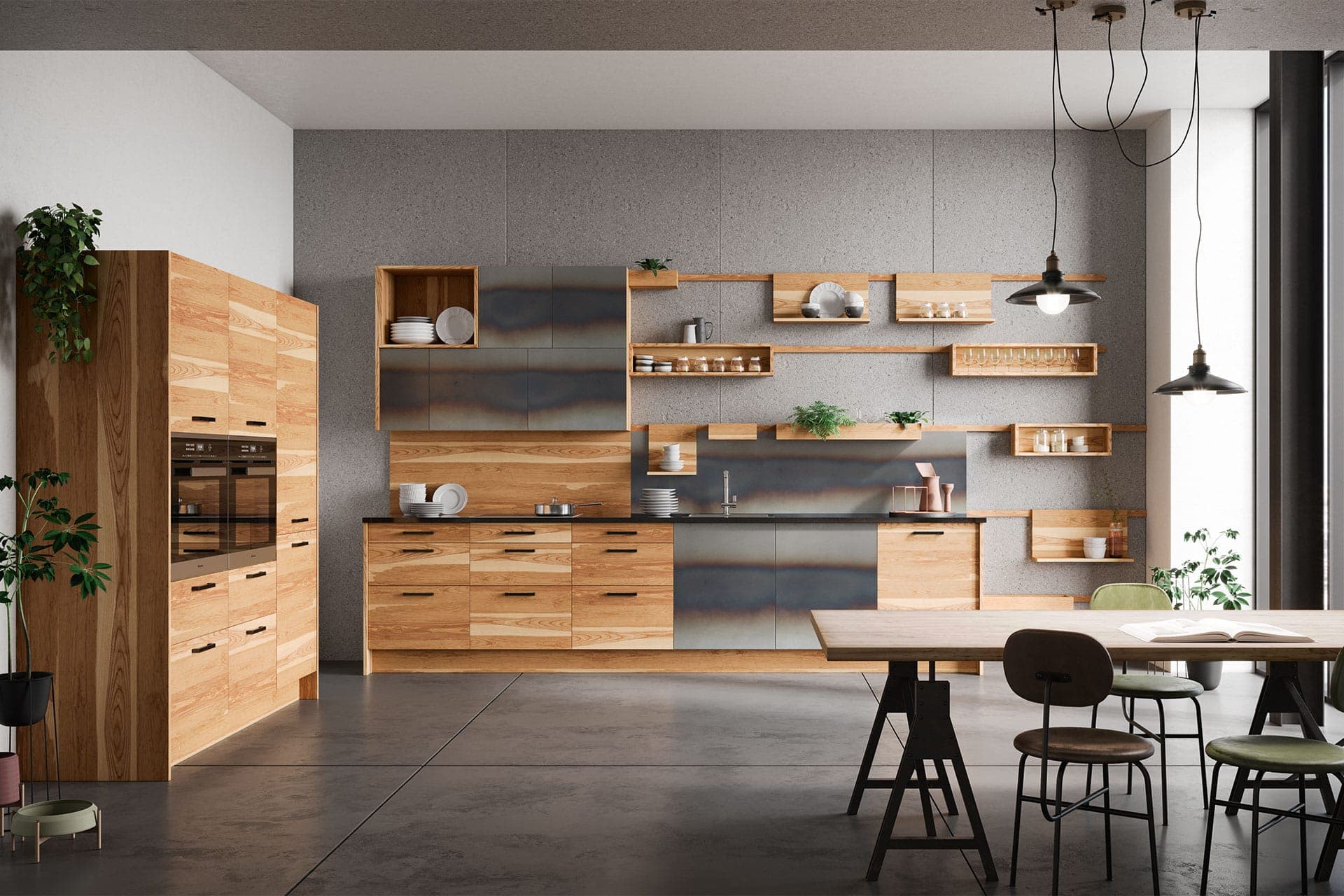 Moderne Küche mit Backofen und Kühlschrank nebeneinander