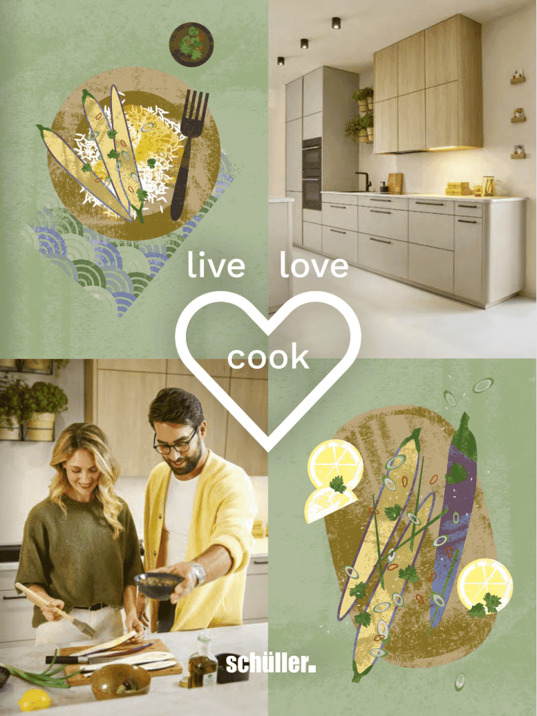 Prospekt-Titel Schüller „live love cook“ – Collage aus moderner Holz-Grau-Küche, kochendem Paar und illustrierten Gerichten